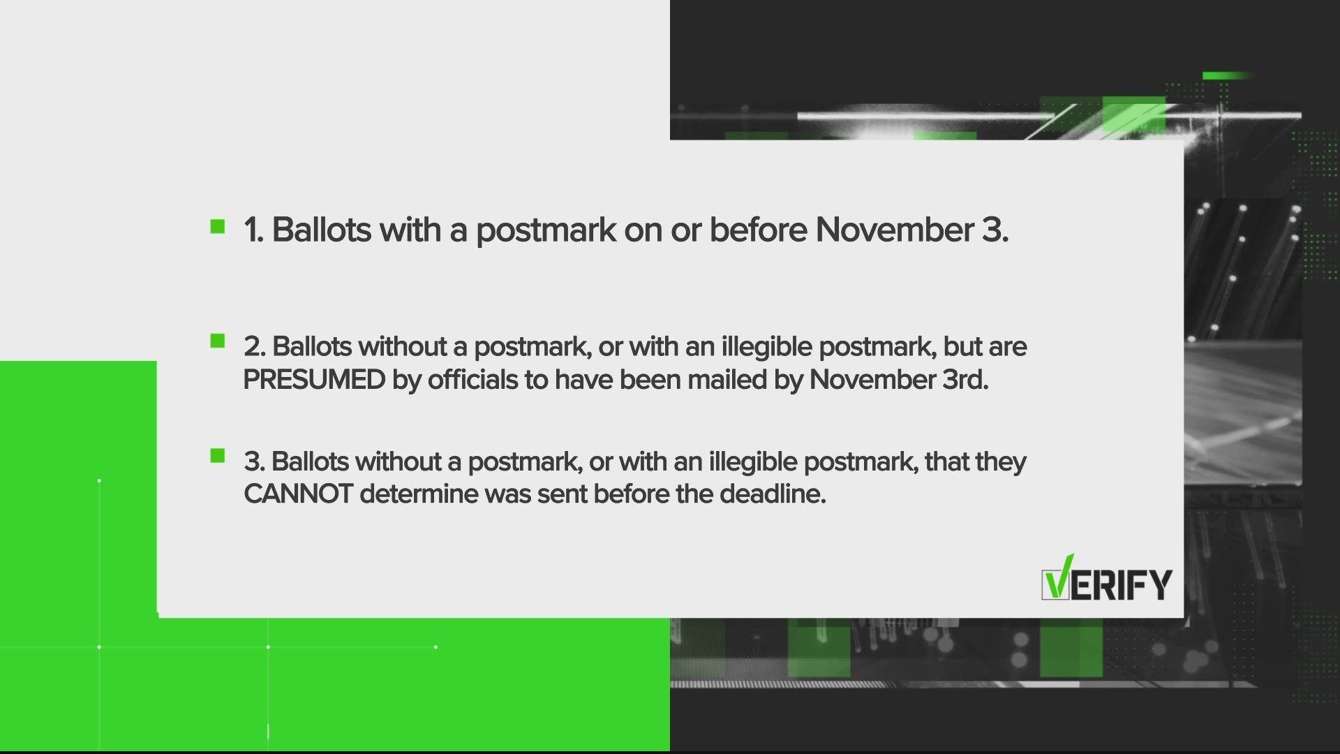 Some states allow mailed ballots to arrive at election offices days after Election Day, as long as they are postmarked by Nov. 3.