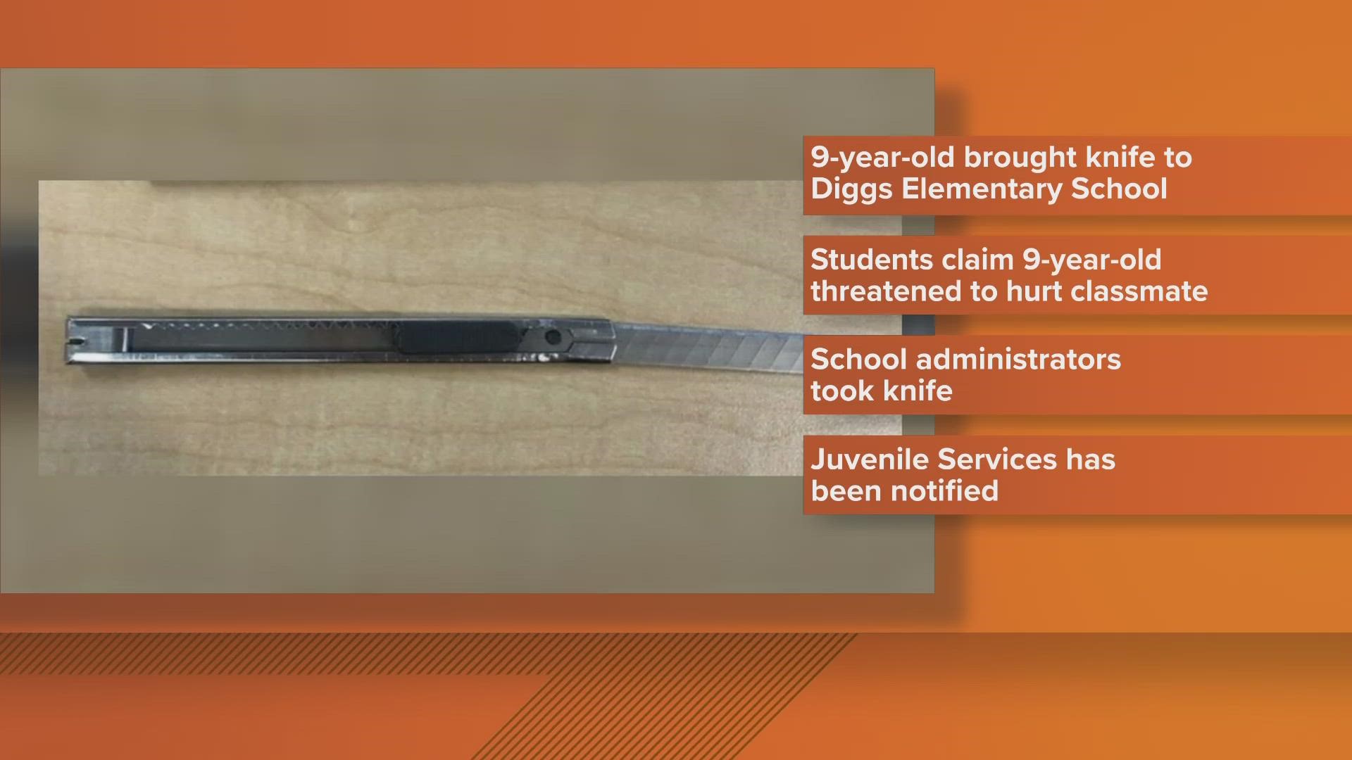 A 9-year-old student brought a knife to class and allegedly threatened to harm another student at an elementary school in Waldorf, Maryland, officials said.