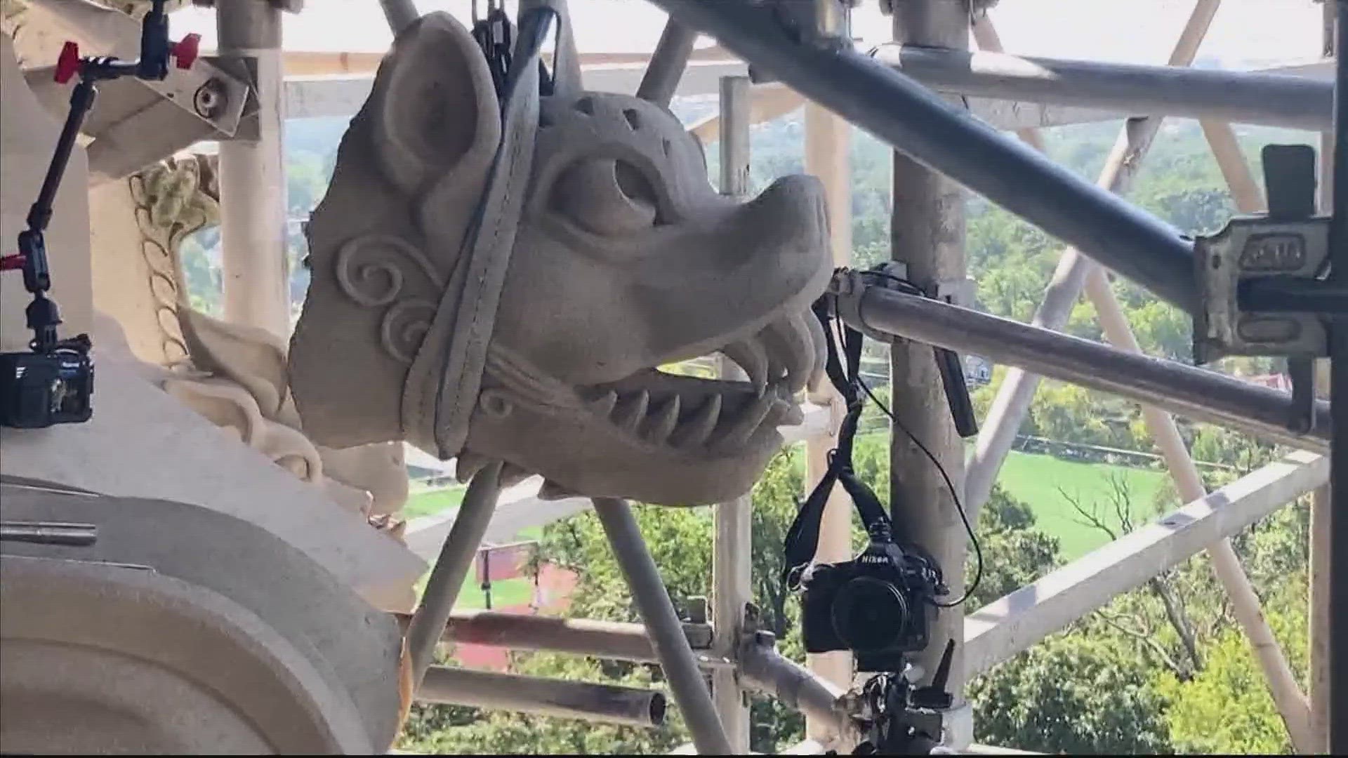 A gargoyle damaged in a 2011 earthquake has been made whole, 12 years later.