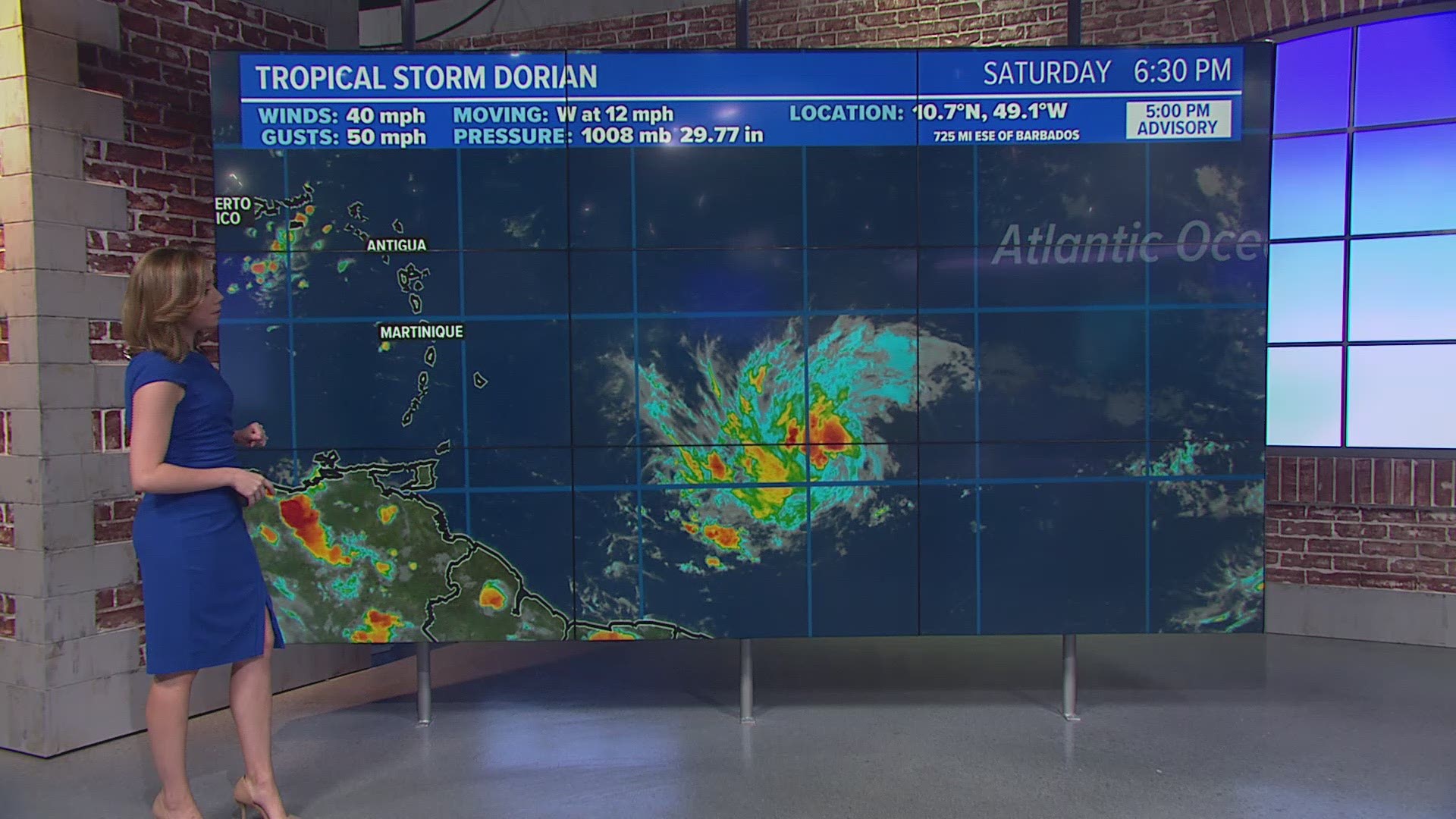 Tropical Storm Dorian formed Saturday evening. Environmental conditions will support continued strengthening. It is forecasted to become a hurricane after it passes over the Antilles and nears Puerto Rico by mid week.