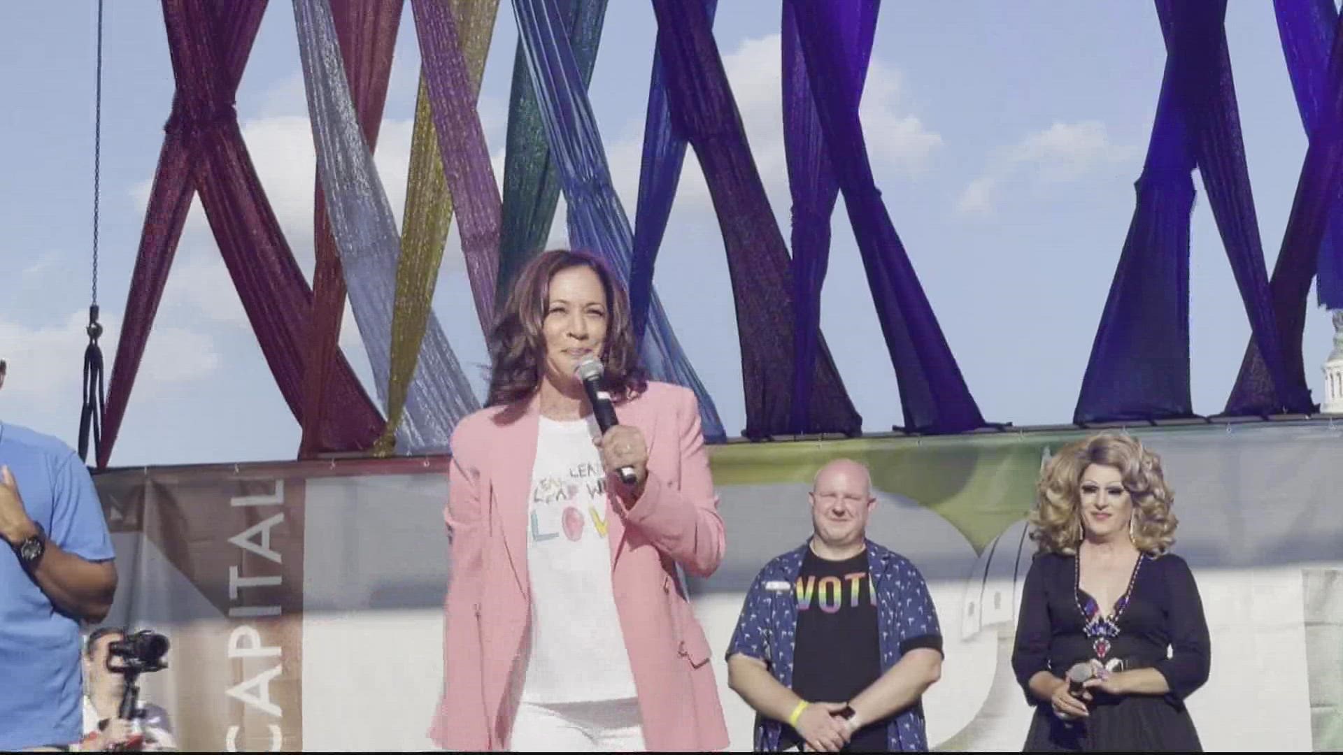 Vice President Kamala Harris and Second Gentleman Douglas Emhoff took to the main concert stage of the Capital Pride Festival on Sunday.