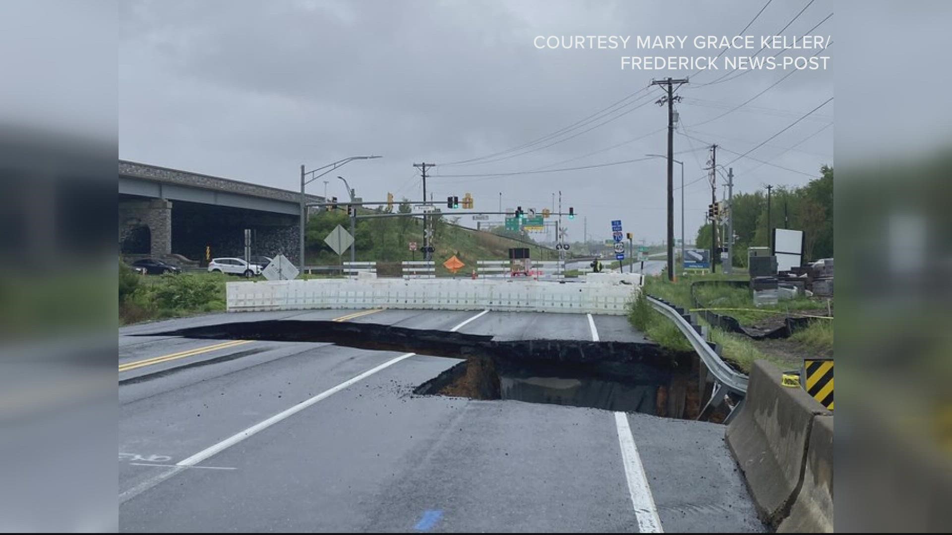 In Frederick city in Maryland -- Monocacy Blvd. from I-70 (Royal Farms) to East South Street is closed indefinitely for repair because a sinkhole damaged a waterline