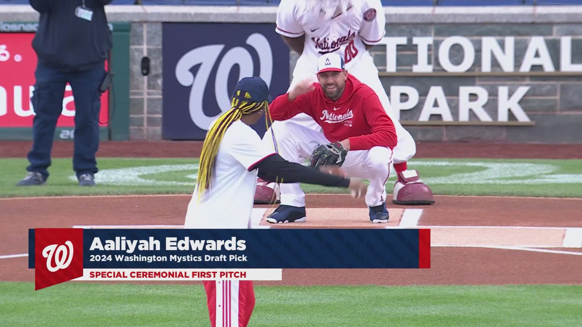 The Mystics selected her as the 6th overall pick in the WNBA draft threw the first pitch at the Nats Park