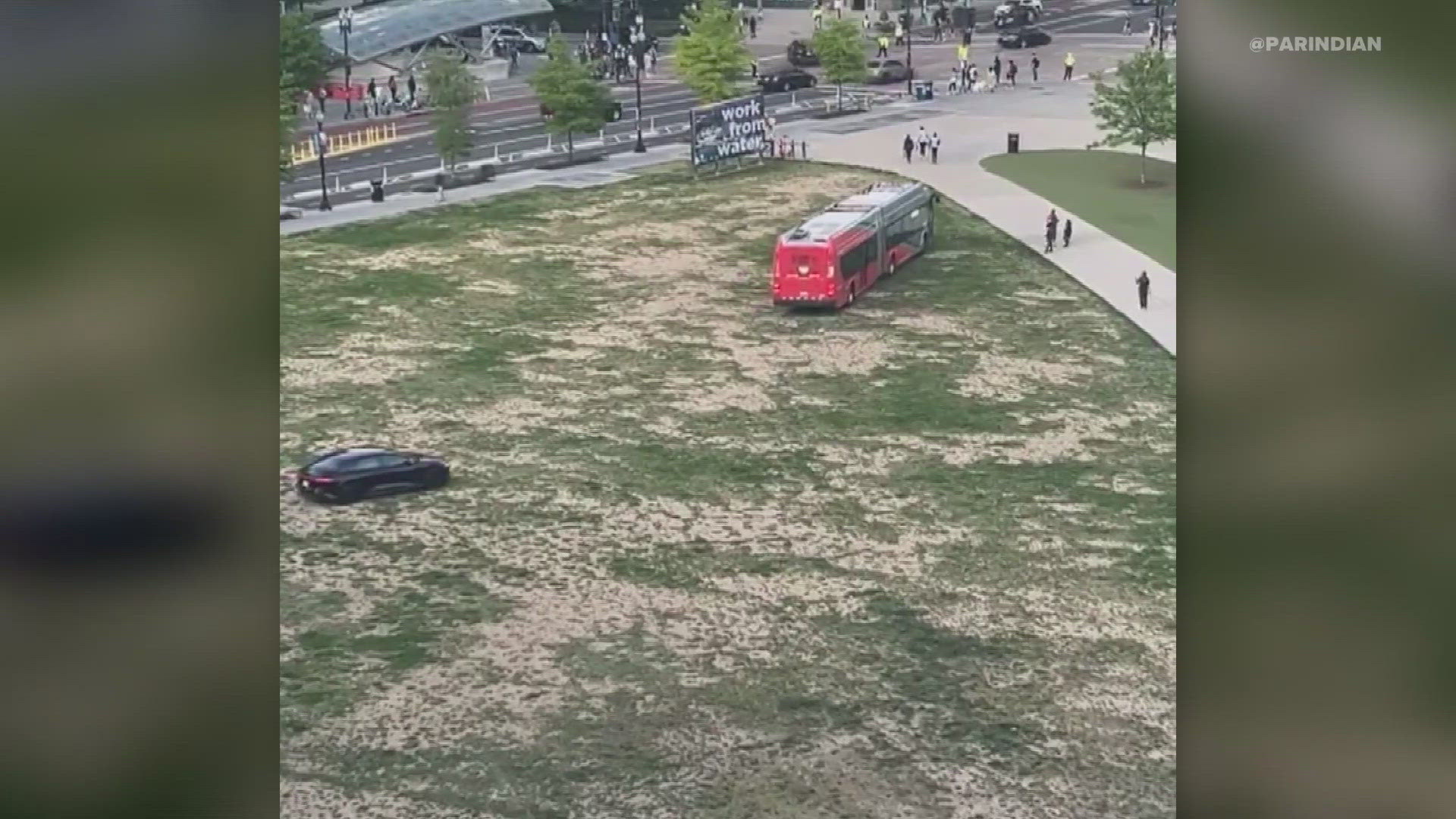 A MetroBus, driving right through one of the green spaces in Navy Yard. WMATA officials say, they said it was fine.