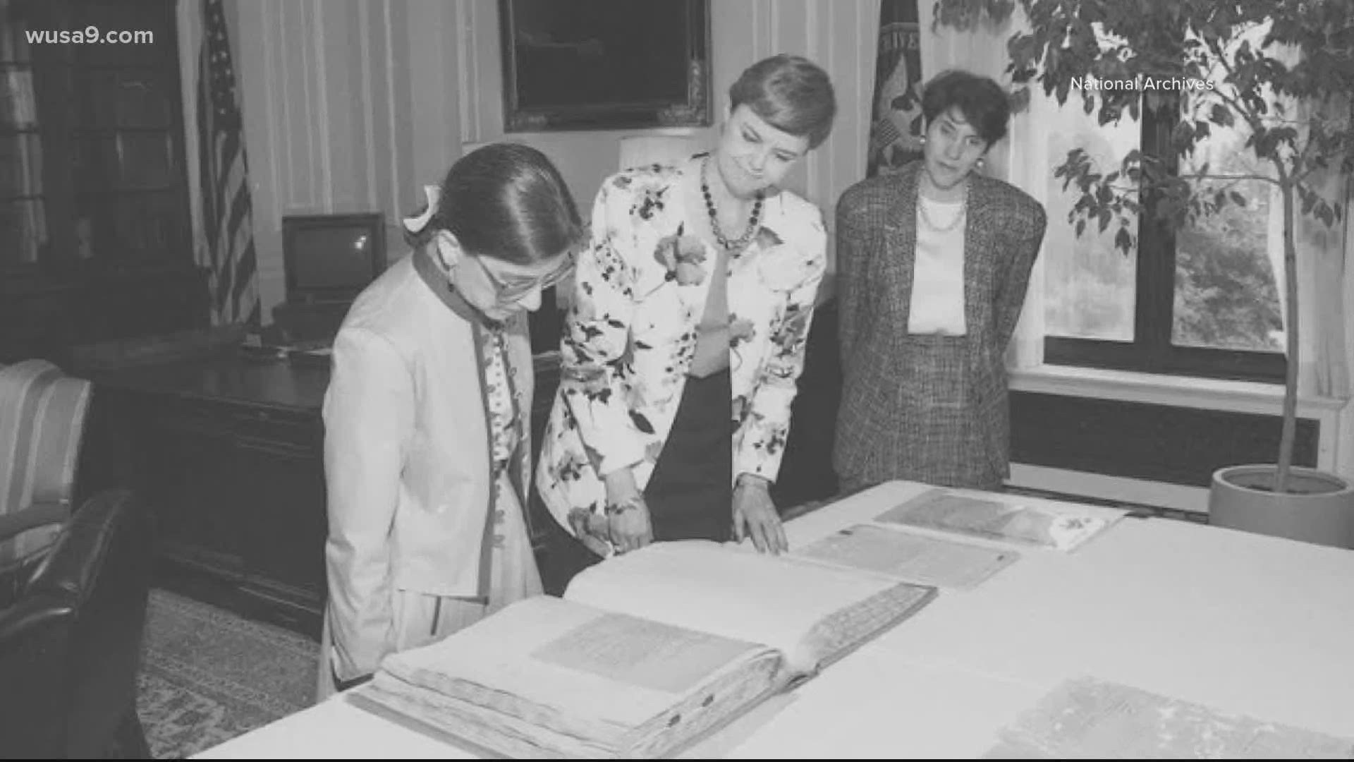 Supreme Court Justice Ruth Bader Ginsburg asked to see the document during a visit to the National Archives. The 19th Amendment gave women the right to vote.
