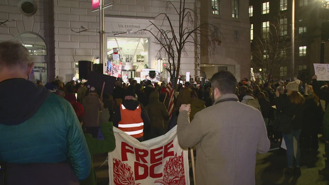 Protesters rally outside DC Customs and Border Protection HQ after ICE killing of Renee Good