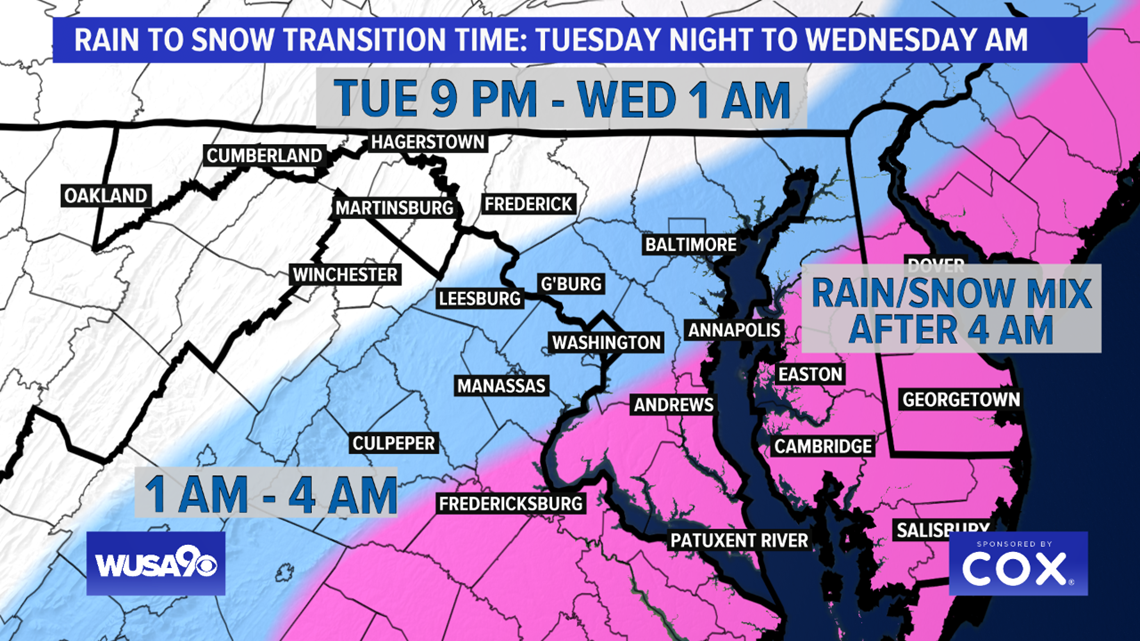 Here's the latest timing for snow in the DC area Wednesday morning