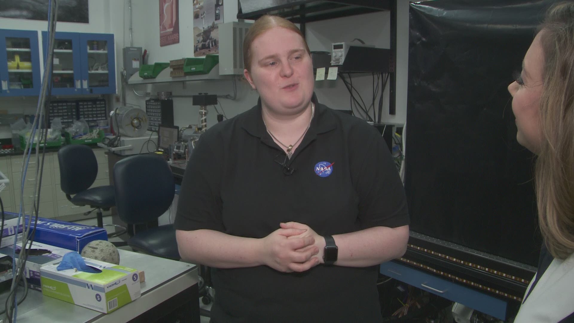 Dr. Natalie Curran in the Mid-Atlantic Nobel Gases research laboratory looks at the ages of Moon rocks and the Cosmic Ray Exposure ages at NASA Goddard in Greenbelt, Maryland