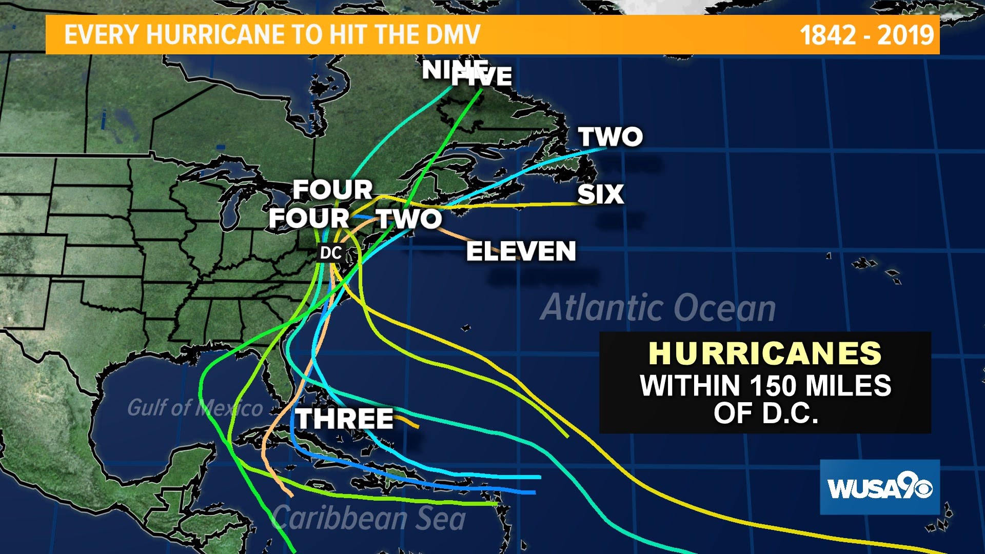 Every hurricane to hit within 150 miles of D.C.