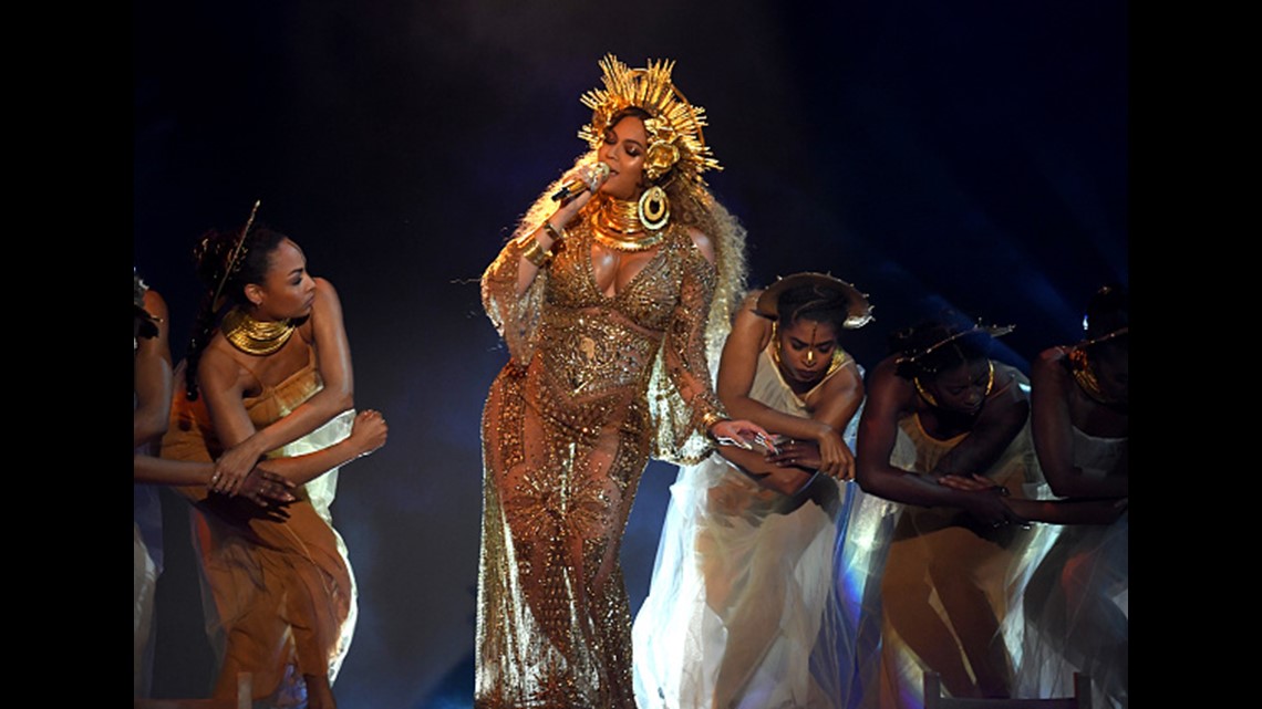 beyonce gold pregnancy dress Pregnant Beyonce gave ode to motherhood at Grammys
