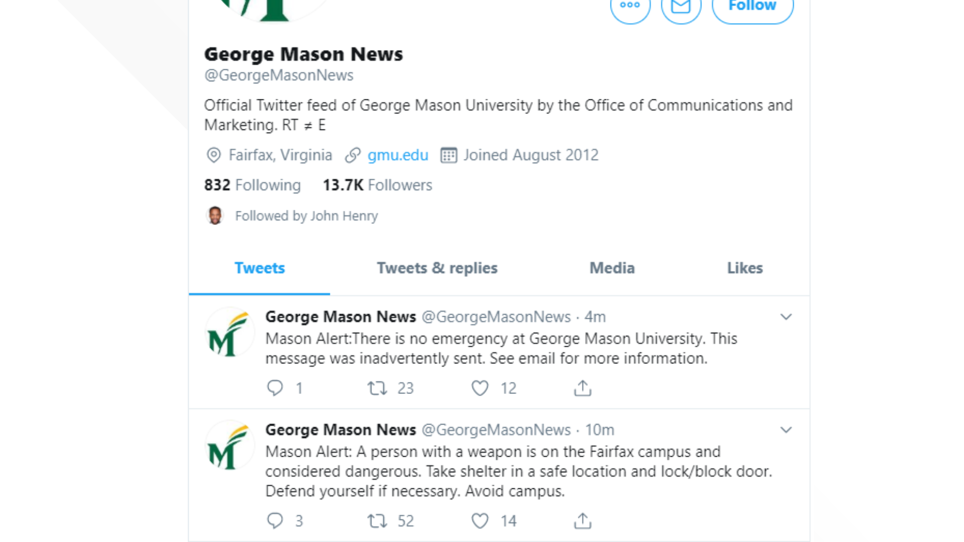 Mason University sends person with weapon alert