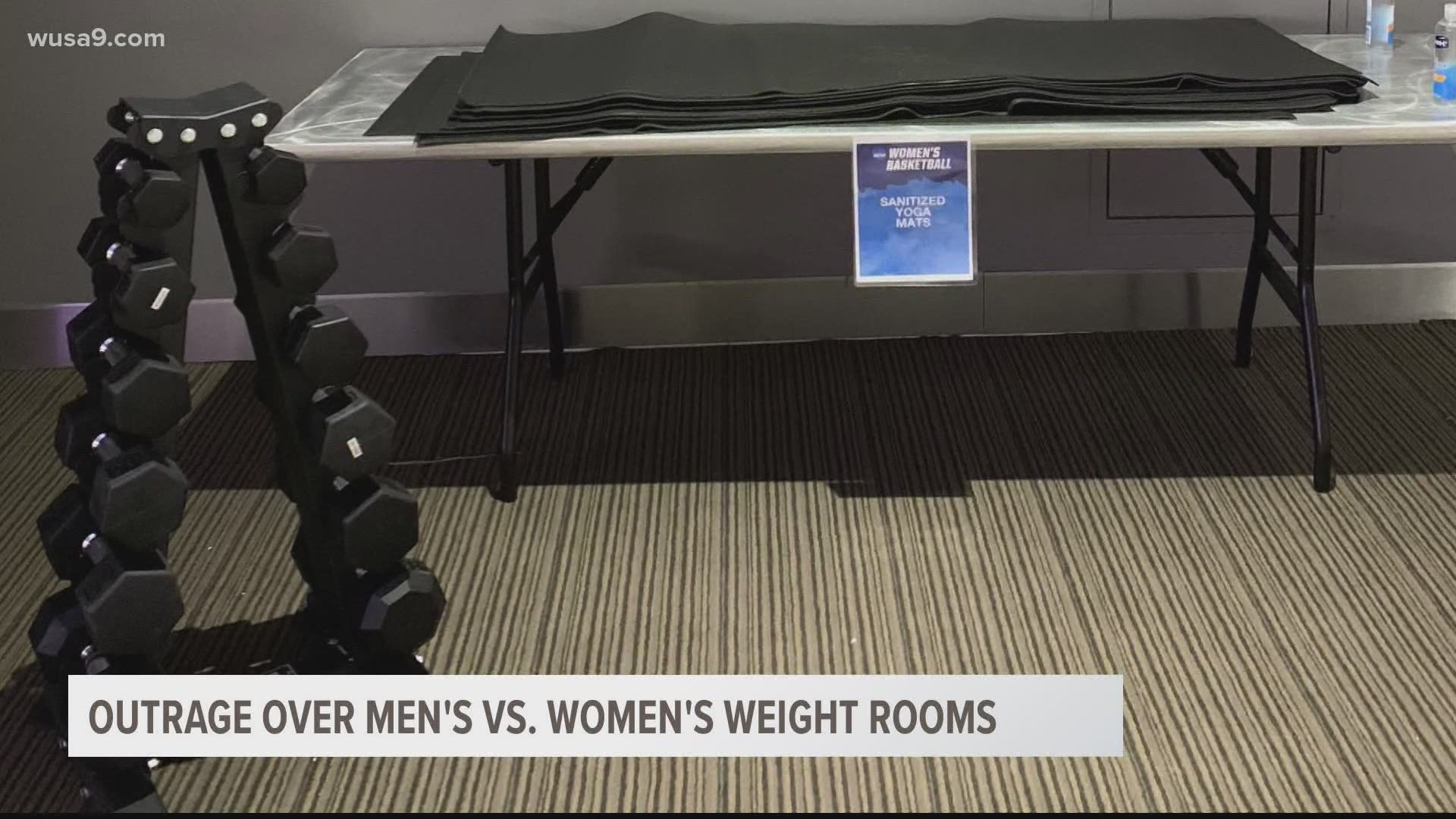 A side-by-side photo posted to Twitter showed a large weight room for the men's tournament and a set of dumbbells and yoga mats for the women.