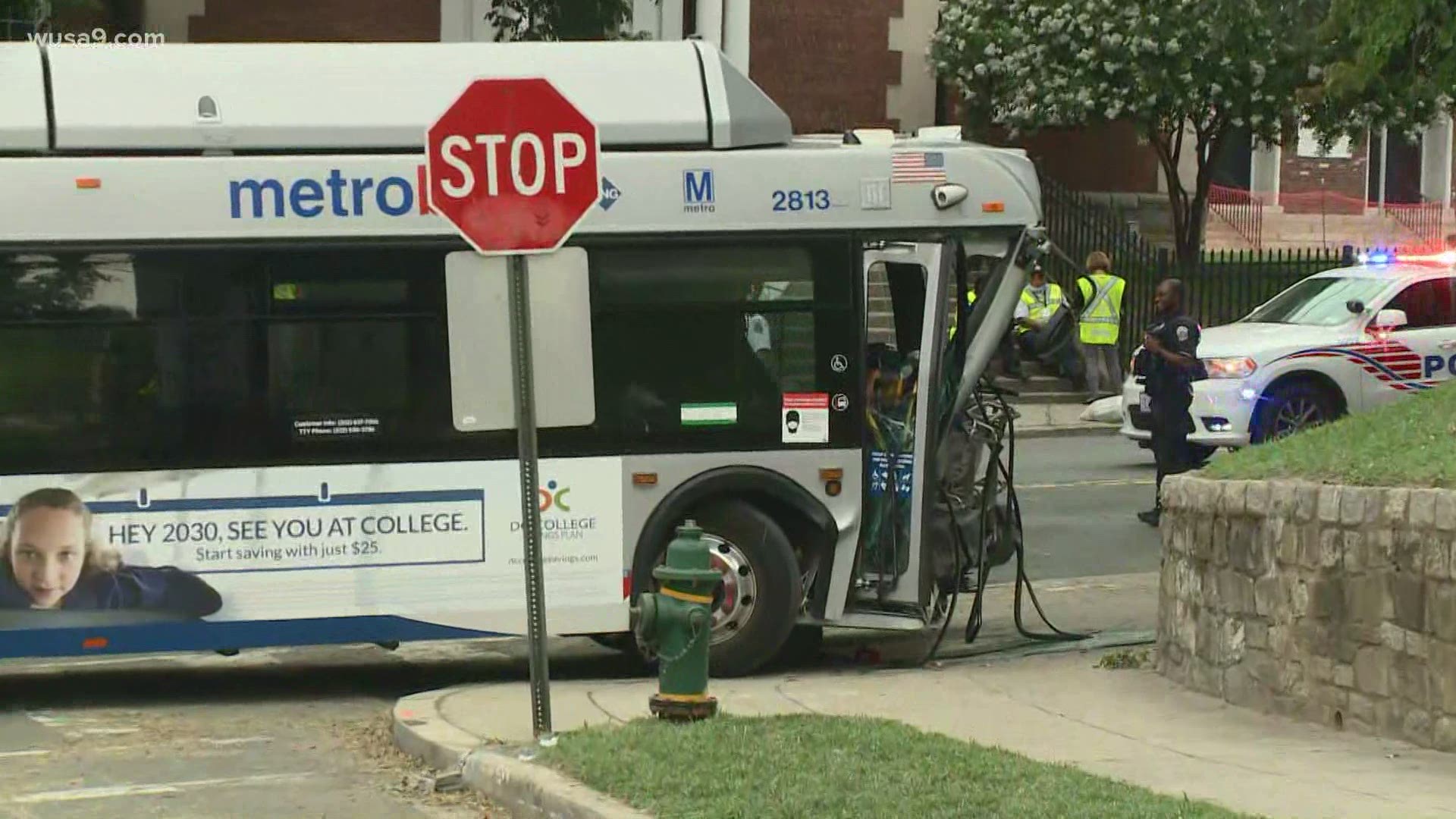 The Metrobus shuttle crashed after hitting a retaining wall, at the intersection of First Street and Riggs Road Northeast, according to D.C. Police.