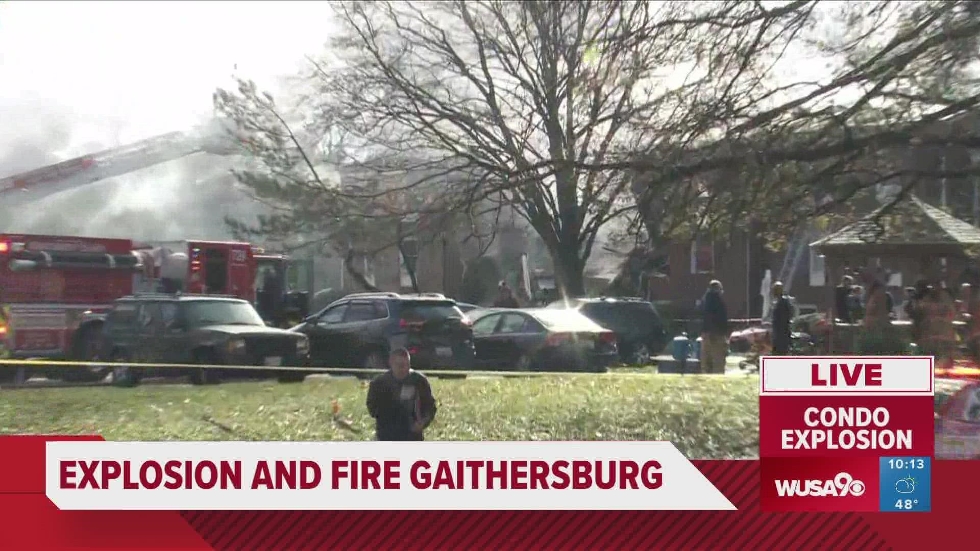 Eight people have been transported to the hospital after a condo explosion and fire in Gaithersburg, Maryland.