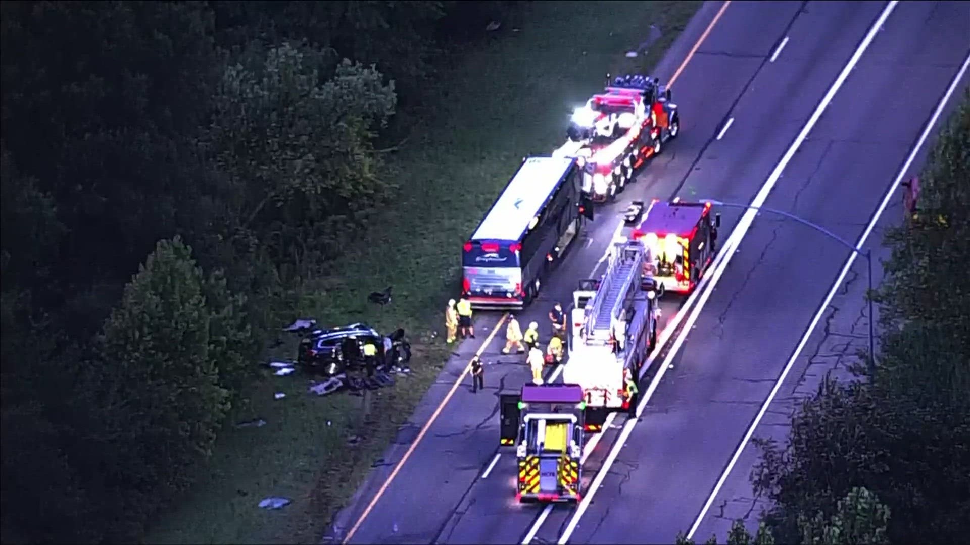 An SUV driver died at the scene, while 17 passengers and the bus driver were hospitalized