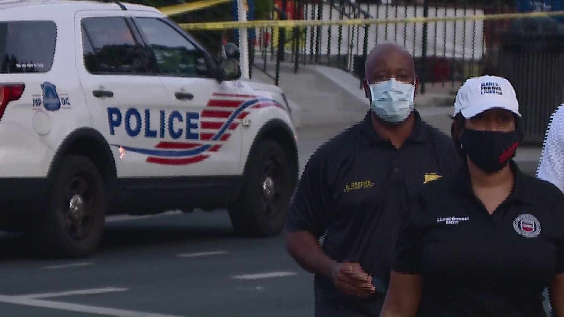 Mayor Muriel Bowser and Peter Newsham spoke at the crime scene about the impacts of gun violence after a nine person shooting on Sunday.