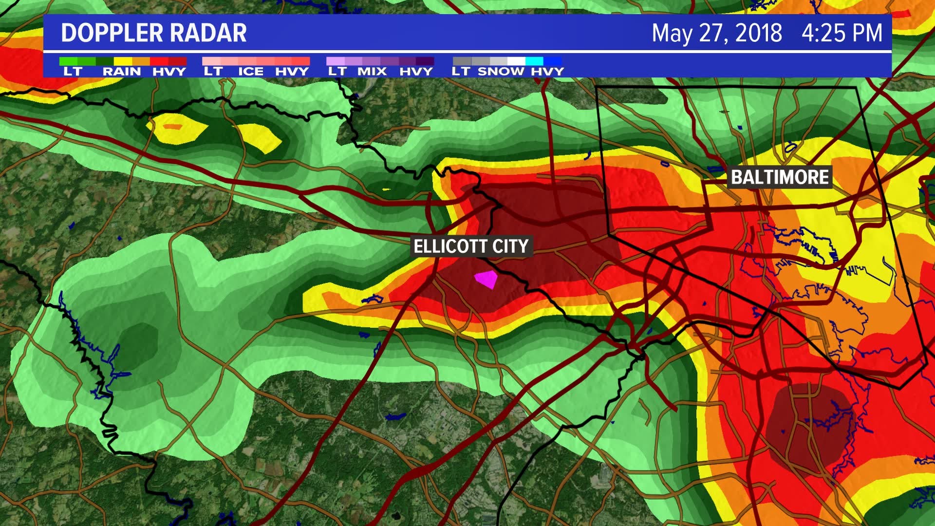 Here's a look at the weather radar of Ellicott City, Md. on Sunday when the city was hit with dangerous floodwaters. 