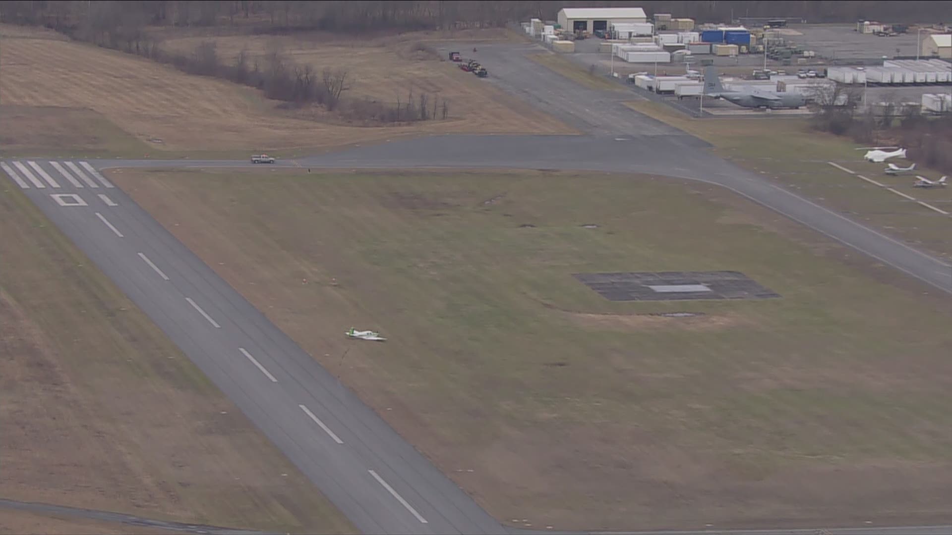 A single-engine aircraft skidded off the runway at Tipton Airport.