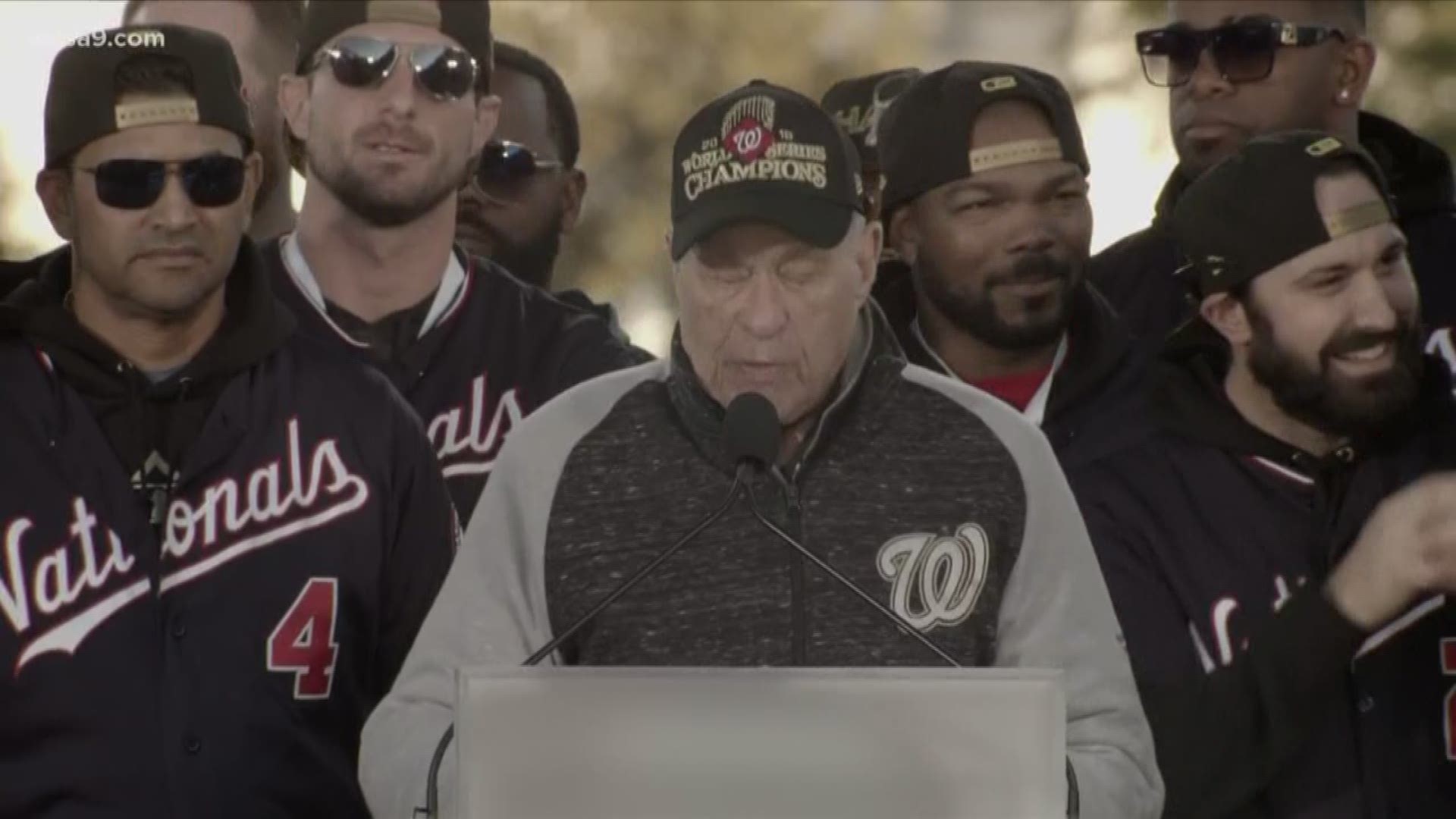 Washington Nationals owner, Ted Lerner, tells the crowd that from now on they can call him "grandpa shark".