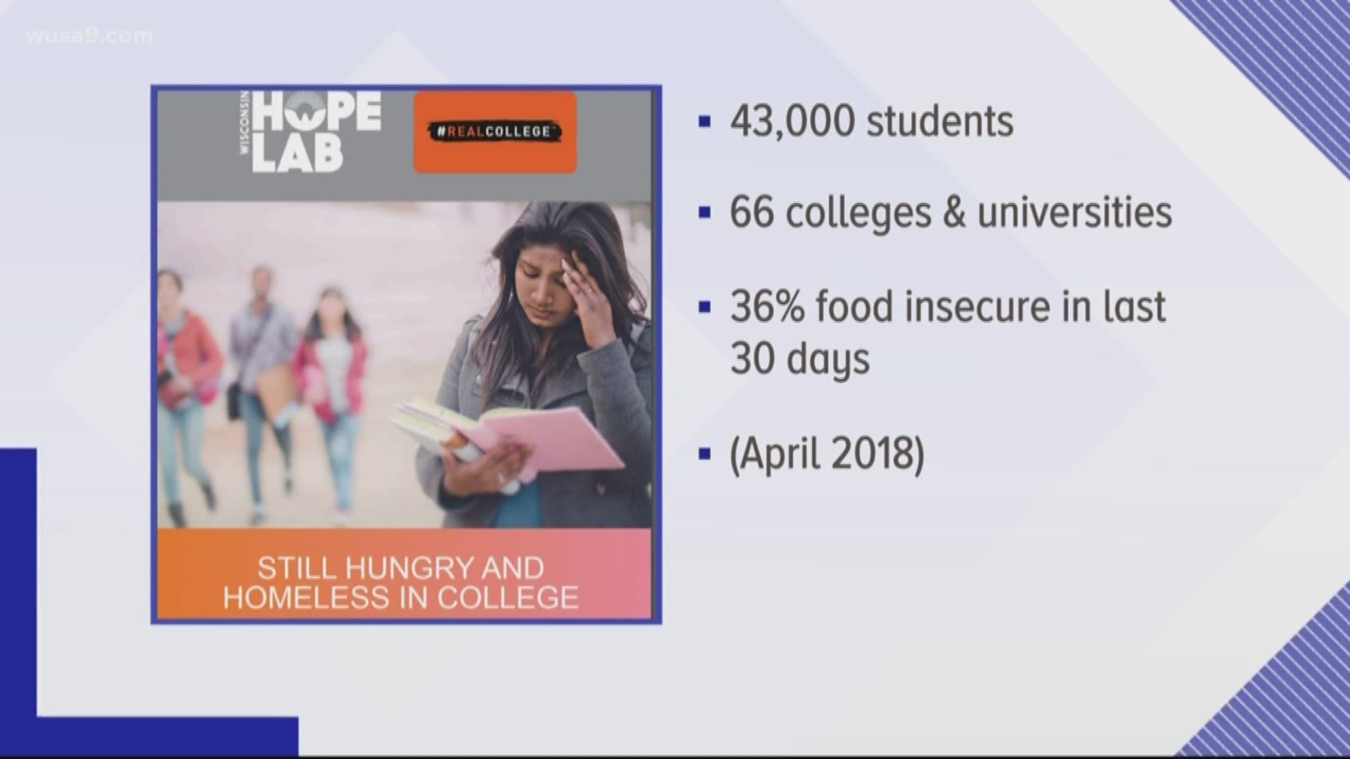 A 2018 study surveyed 43,000 students from 66 different colleges and universities. Researchers found 36% of students were food insecure.