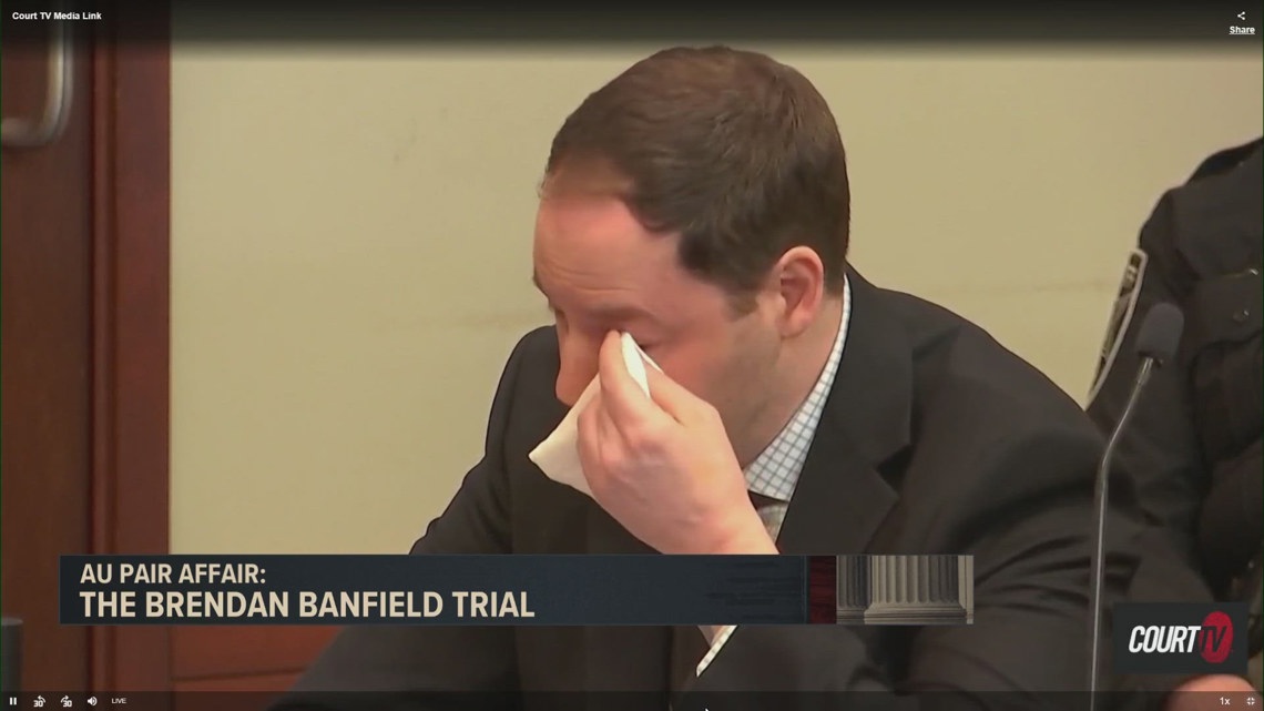 Brendan Banfield appears to cry in court listening to 911 call after opening statements | Au Pair Affair Trial