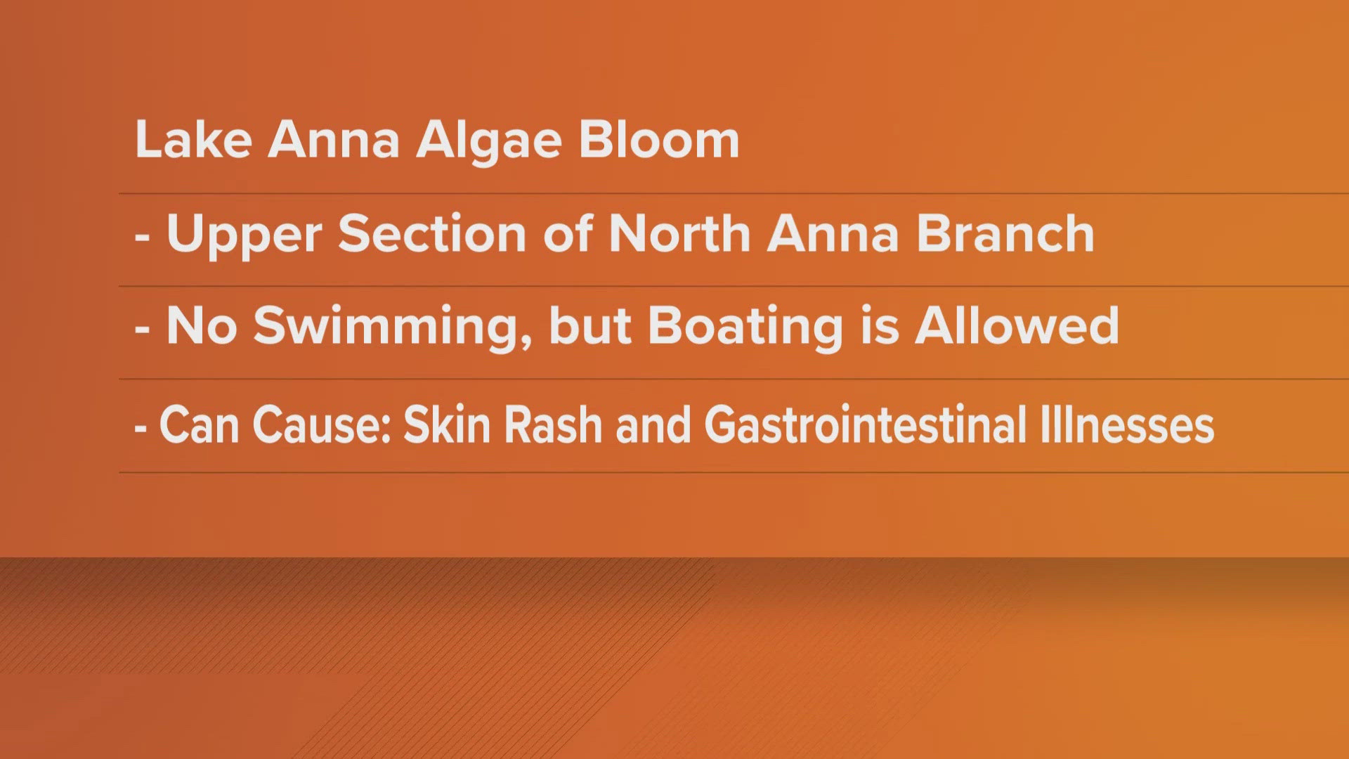 Based on the latest water tests and the current heat advisory, please remain cautious as swimming is not allowed.