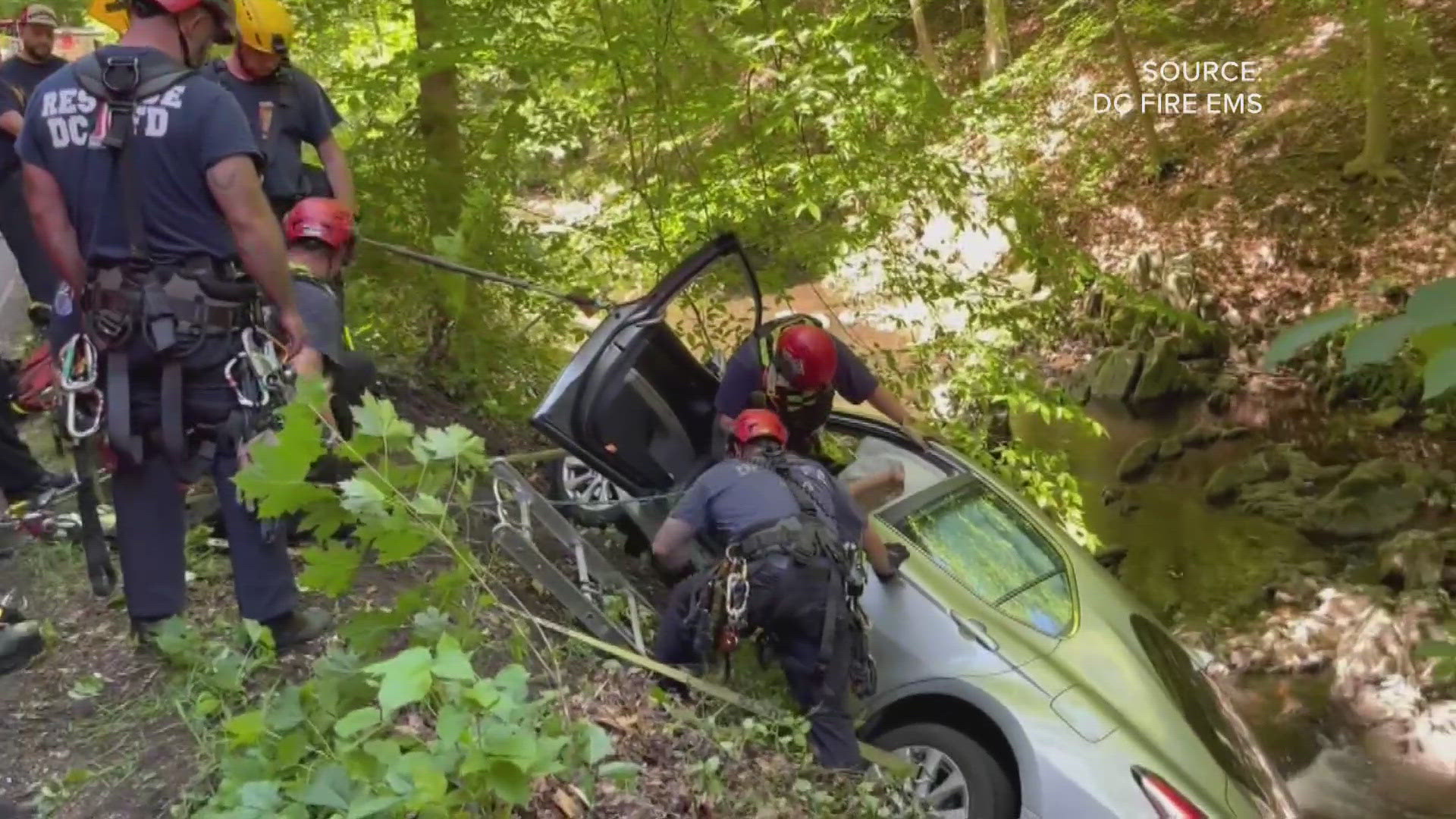 A vehicle crashed over an embankment near Rock Creek on Broad Branch Road near Brandywine Street Northwest, according to DC Fire and EMS. Stabilization and rescue ef