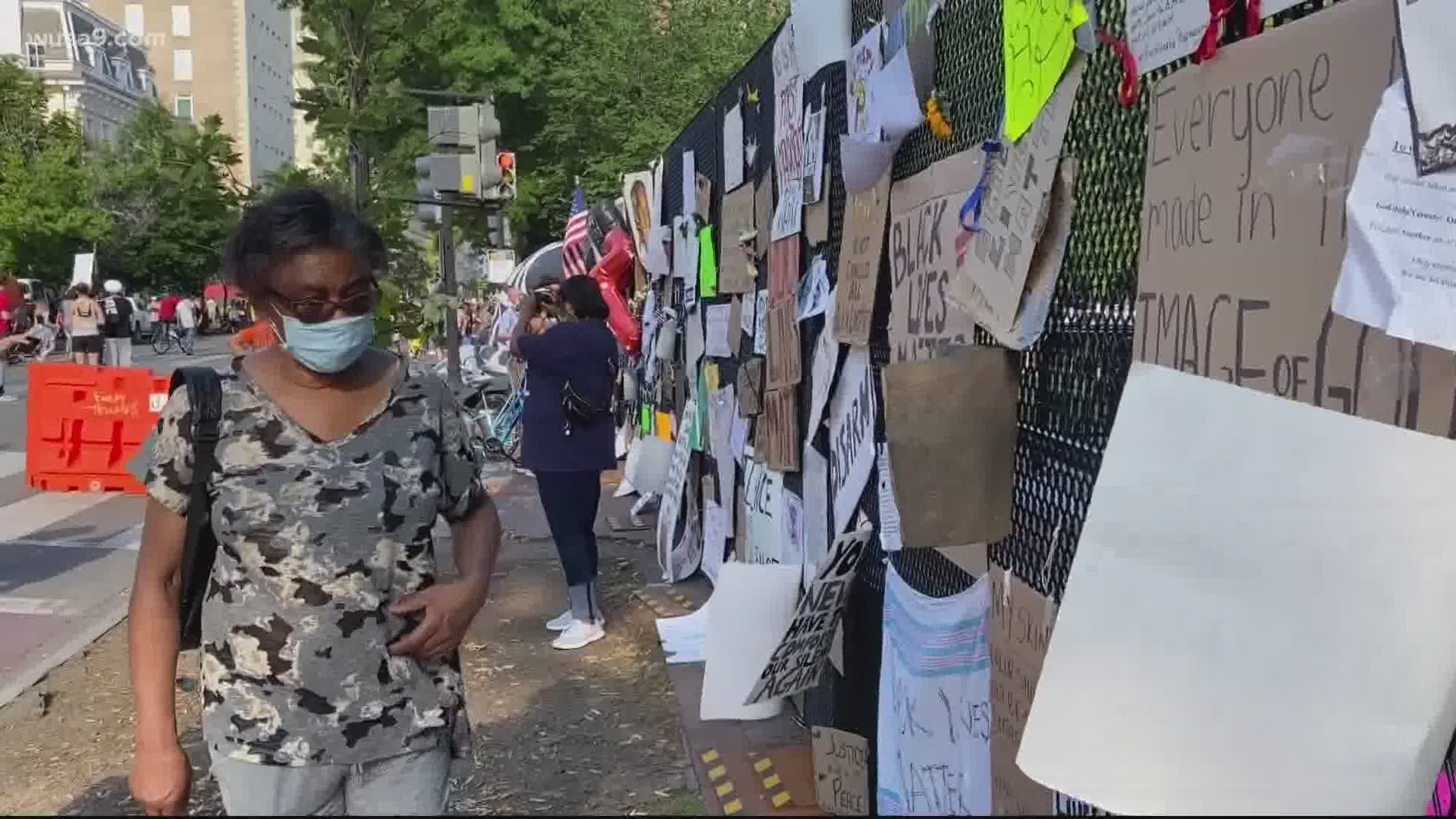 The temporary fence erected last week to keep protesters out of Lafayette Square is now covered with carefully crafted messages, honoring black lives.
