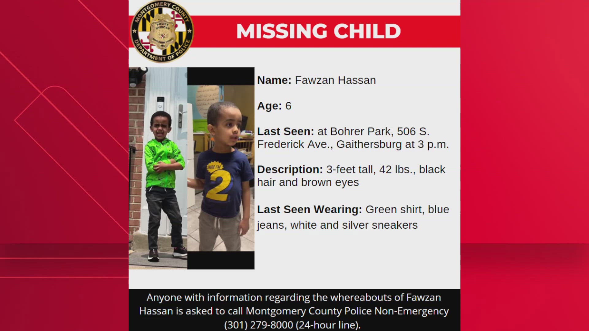 The body of a missing 6-year-old boy was pulled from a pond in Gaithersburg Sunday evening, according to Montgomery County Police.