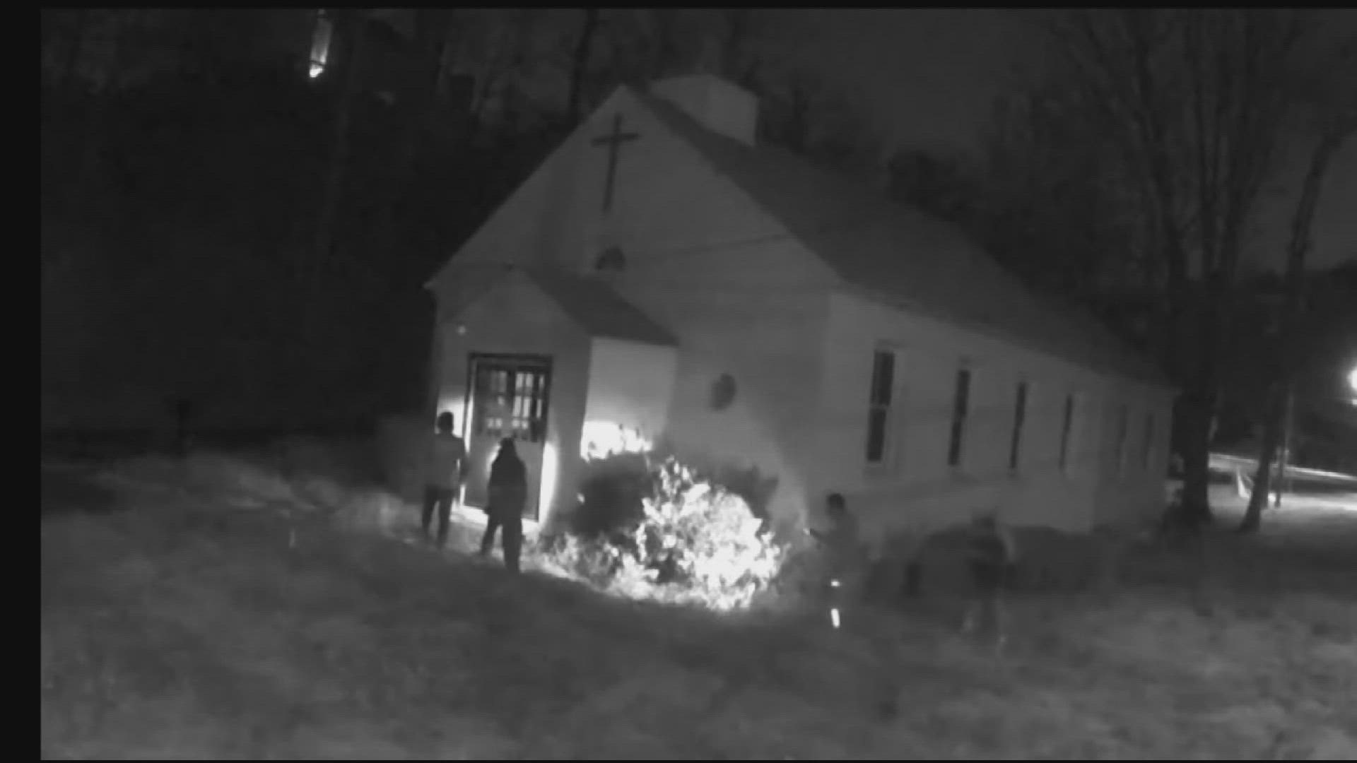 Surveillance video captured suspects forcing their way into a historical Potomac, Maryland church and vandalizing property.
