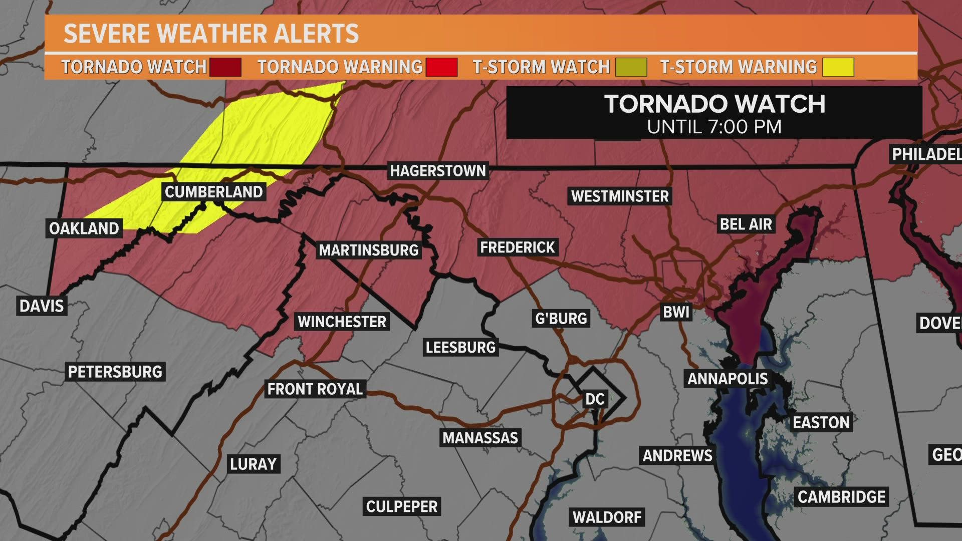 A Tornado Watch is in effect through 7 p.m. for Winchester, Virginia, 10 counties in Maryland and parts of West Virginia. Track storms here.