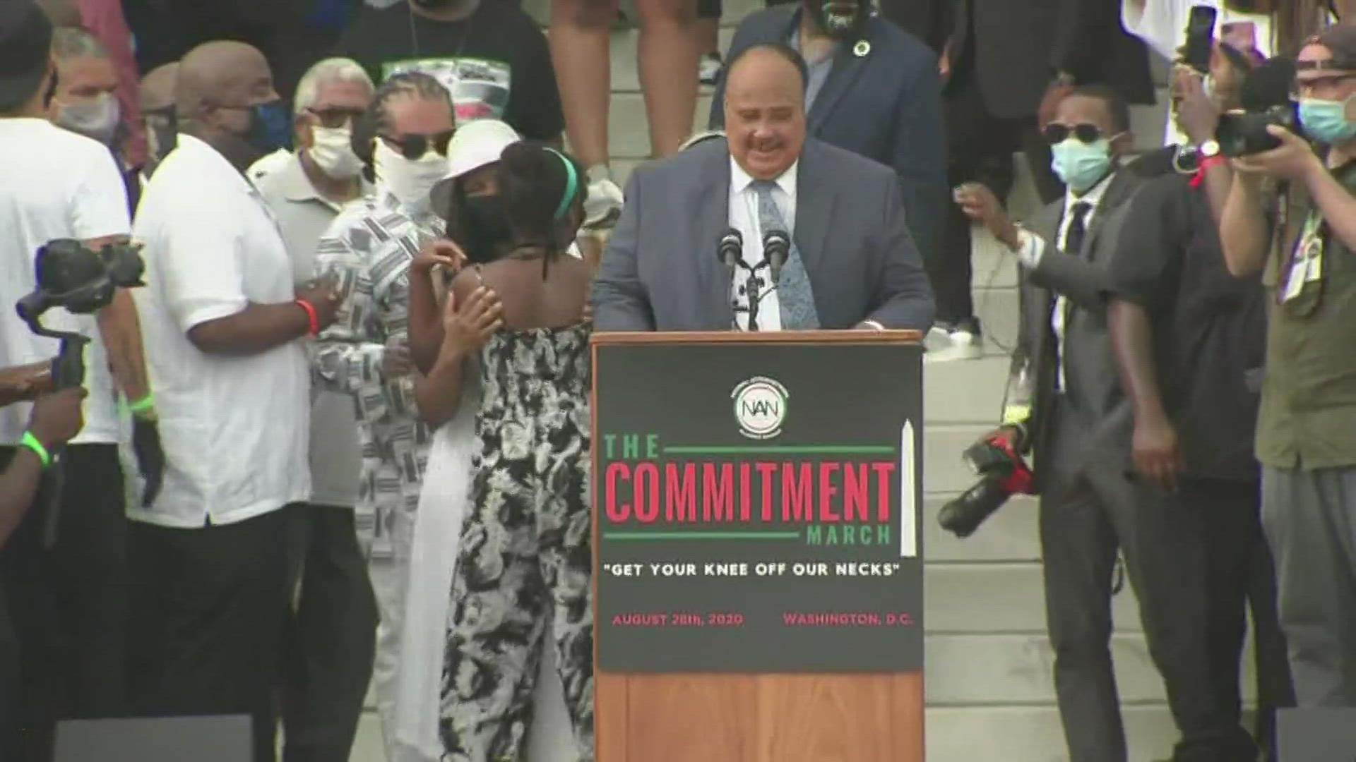 Martin Luther King III speaks at the Commitment March on the 57th anniversary of his father's March on Washington.