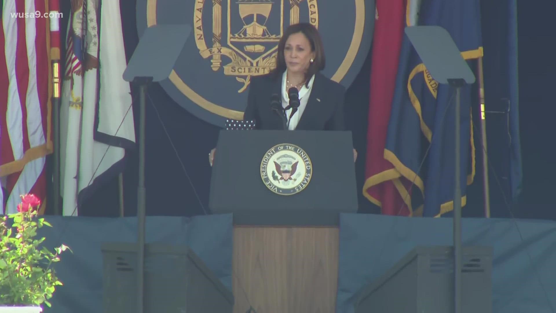 VP Kamala Harris gives the keynote speech to about 1,000 students graduating from the Naval Academy at an in-person ceremony Friday