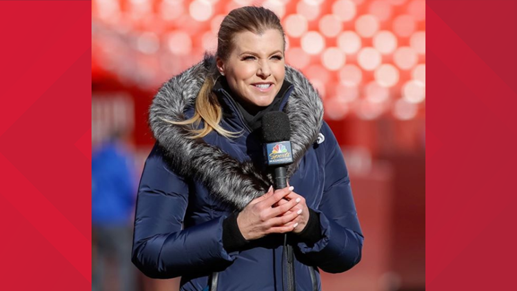 NFL's Julie Donaldson prepares to do a live shot after Washington Commanders  practice at the team's NFL football training facility, Saturday, July 30,  2022 in Ashburn, Va. (AP Photo/Alex Brandon Stock Photo 