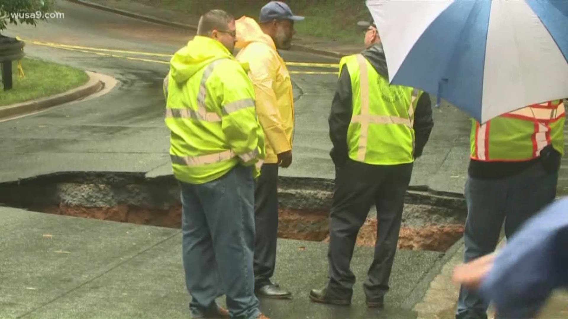 On Rockwood Creek in Potomac, Maryland, there is a massive sinkhole. Debris got stuck in the pipe underneath of the roadway and caused a sinkhole. Residents are unable to get home.