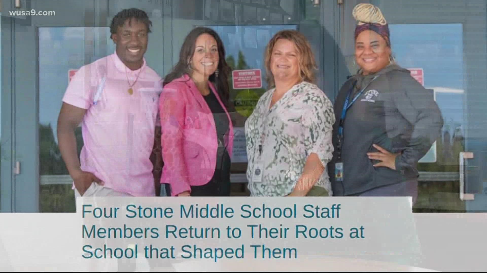 The principal, a teacher, a security specialist, and an office aide are all graduates of Stone Middle School. Two of their teachers are still there.