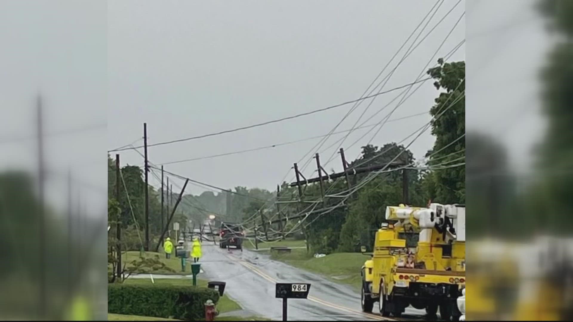 Severe weather damaged more than two dozen power poles in Winchester, Virginia, Tuesday night. but an "all-hands approach" has gotten all outages restored Wednesday