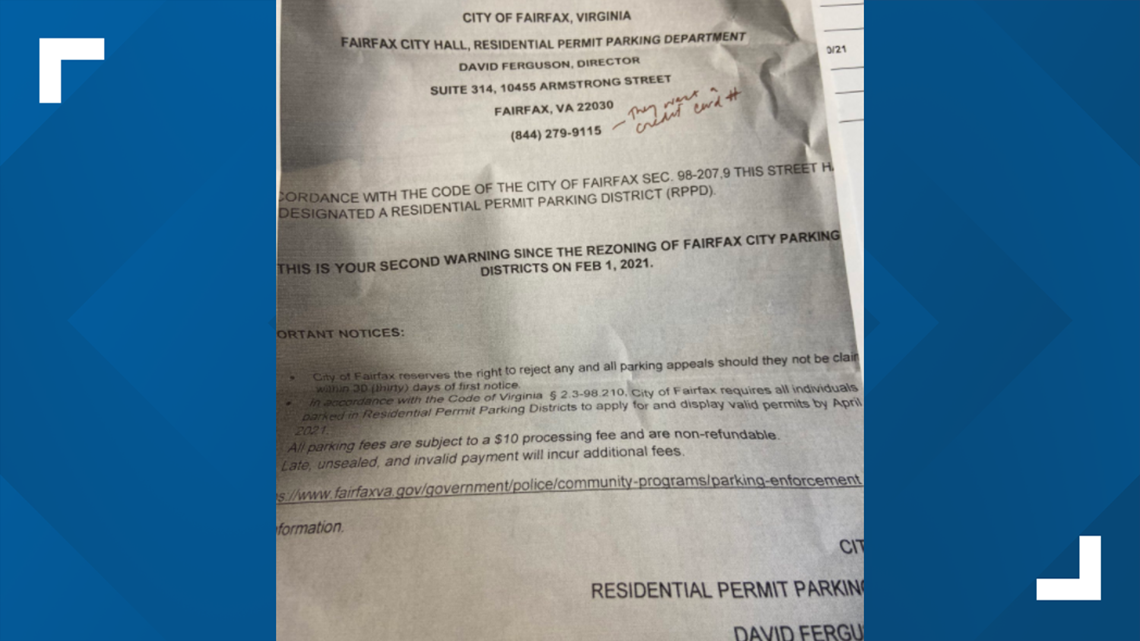 Fake parking violation notices appear in Fairfax, police say | wusa9.com