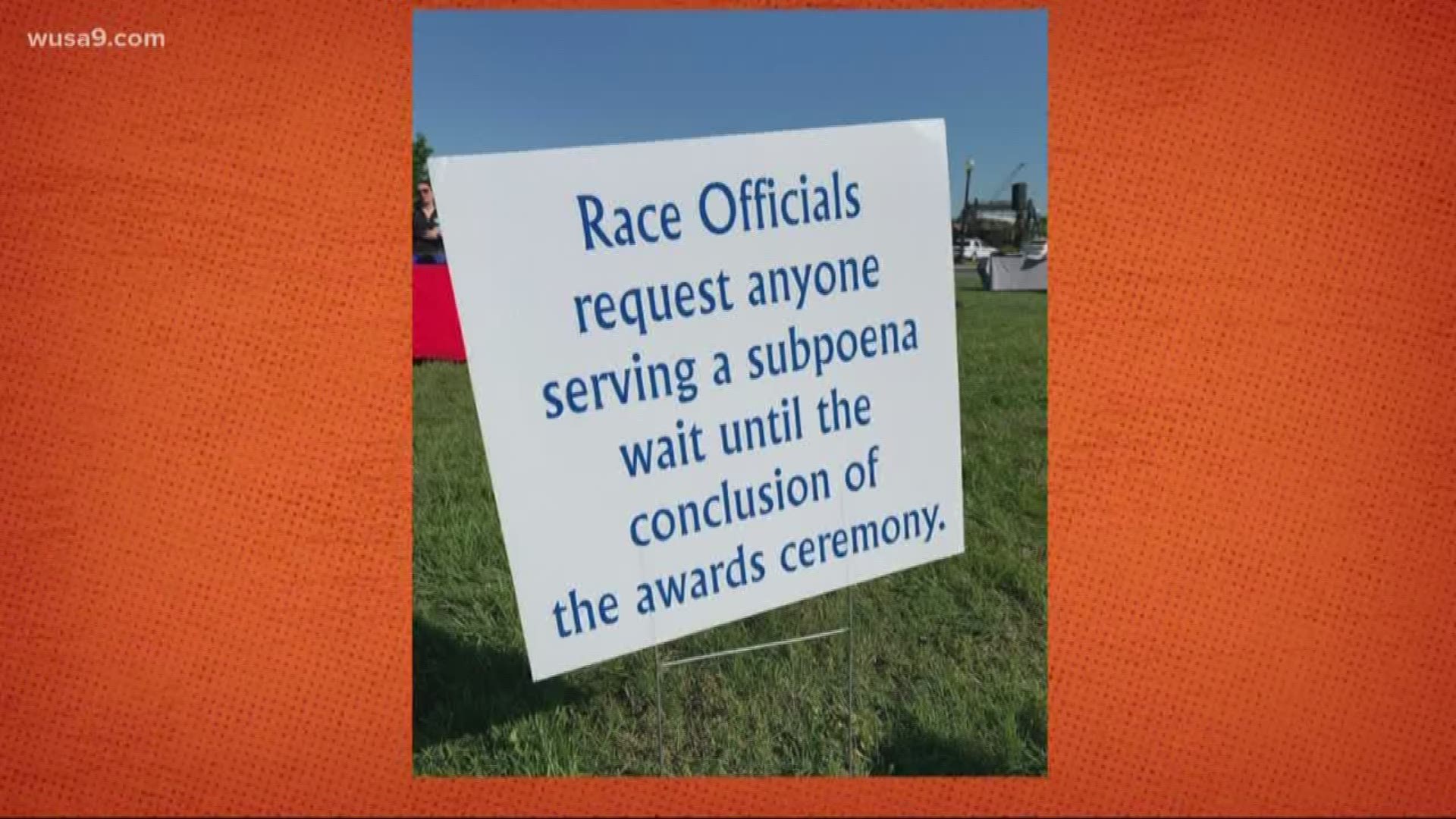 'Race officials request anyone serving a subpoena to wait until the conclusion of the awards ceremony.'