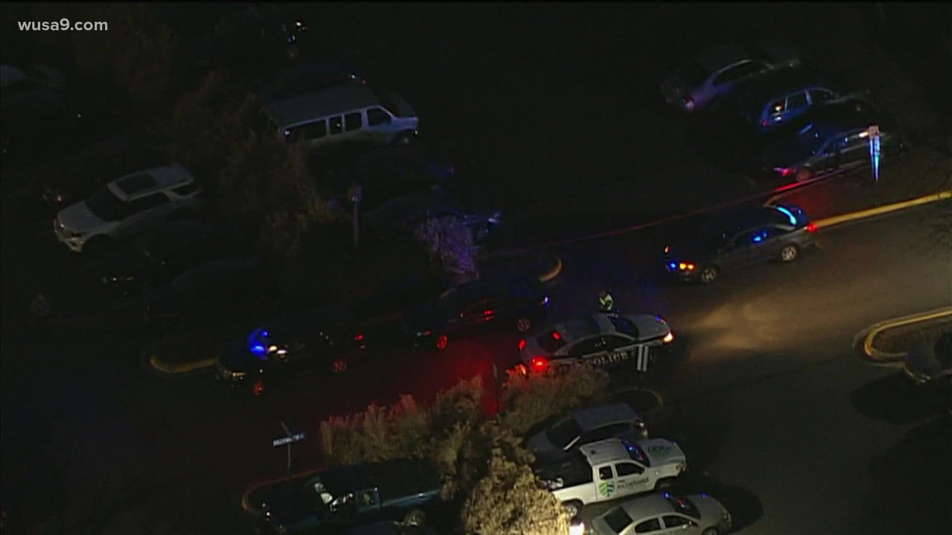 Sky9 is over the scene of a fatal shooting in Reston, where one person has died from their injuries. Police are still searching for a suspect at large.