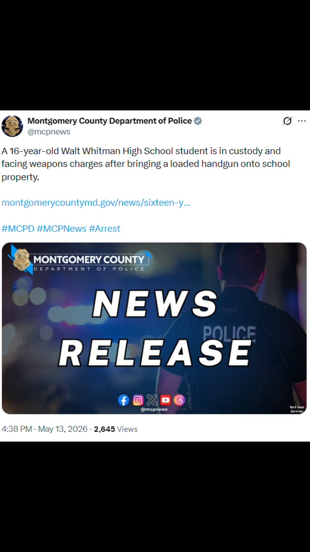 Loaded gun found in student’s backpack at Walt Whitman High School ...