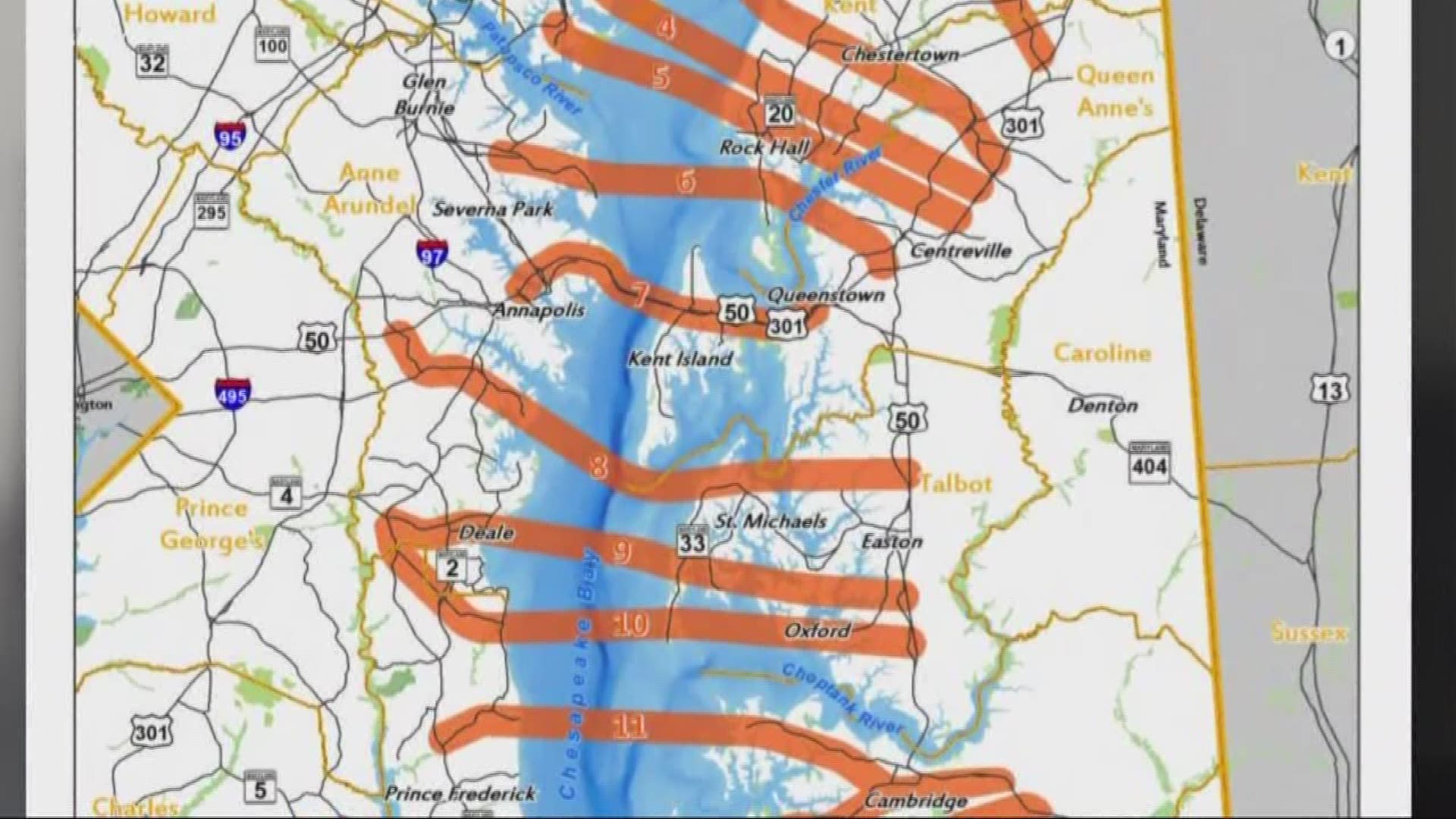 The possible crossing sites range from a link in the north from I-95 to Cecil Counthy to connecting Lexington Park to the lower Eastern Shore