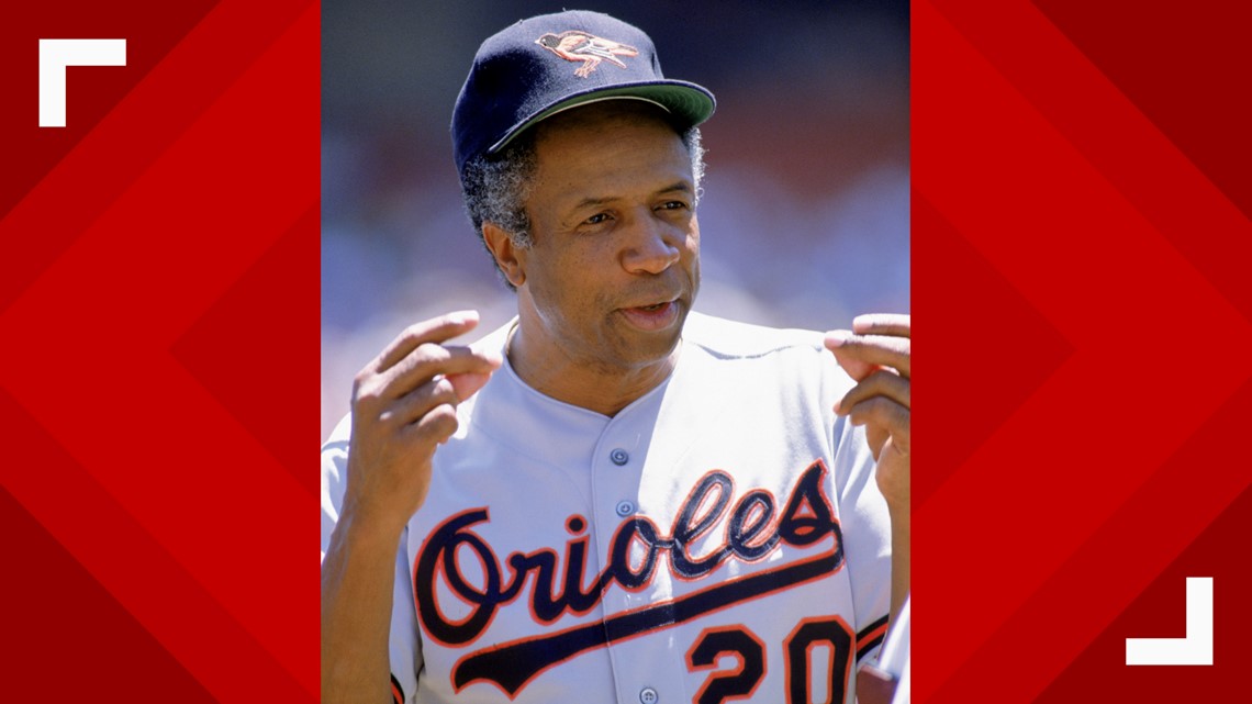 Baltimore Orioles outfielder Frank Robinson is congratulated at