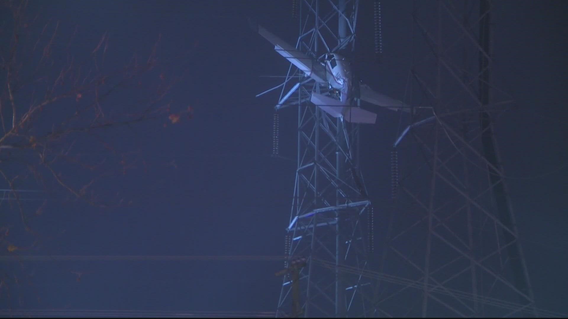 A day after two people were rescued from a plane caught in a transmission tower about 100 feet in the air in Montgomery Co., the initial 911 call has been released.