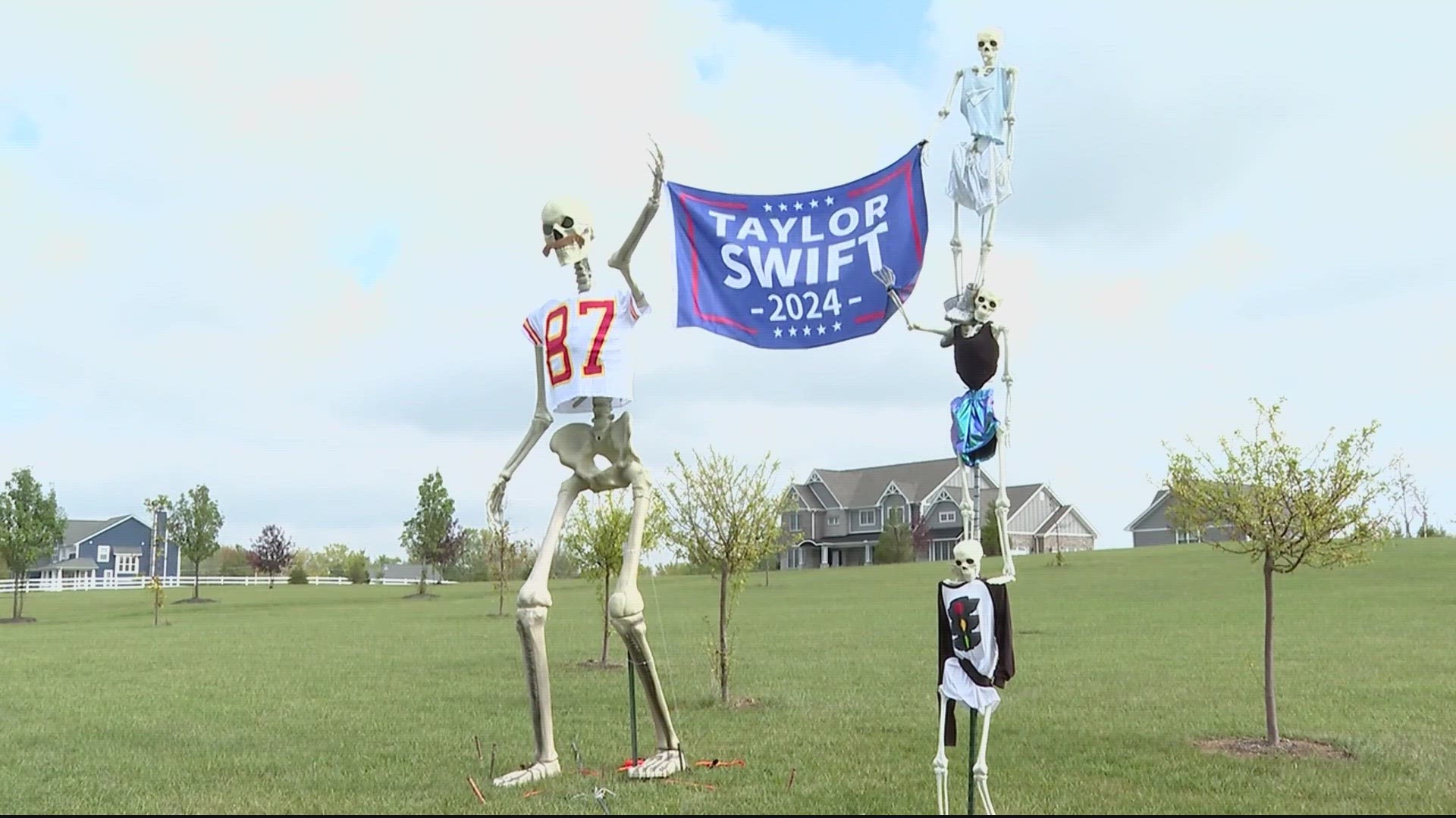 a Zionville artist has recreated Swift and Kelce in skeleton versions and planted them down on a Zionsville street.