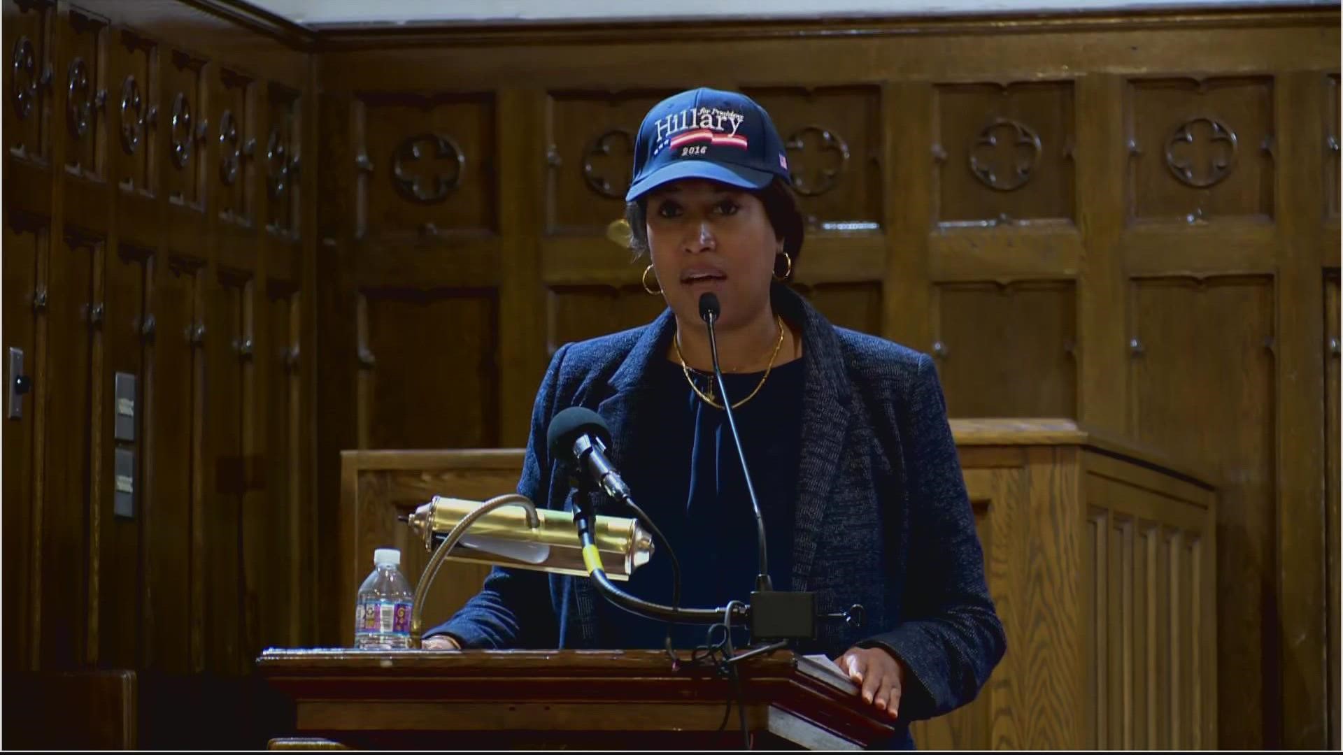 Washington DC Mayor Muriel Bowser gave remarks Saturday at the Asbury United Methodist Church for the Housing and Economic Justice for All Rally.