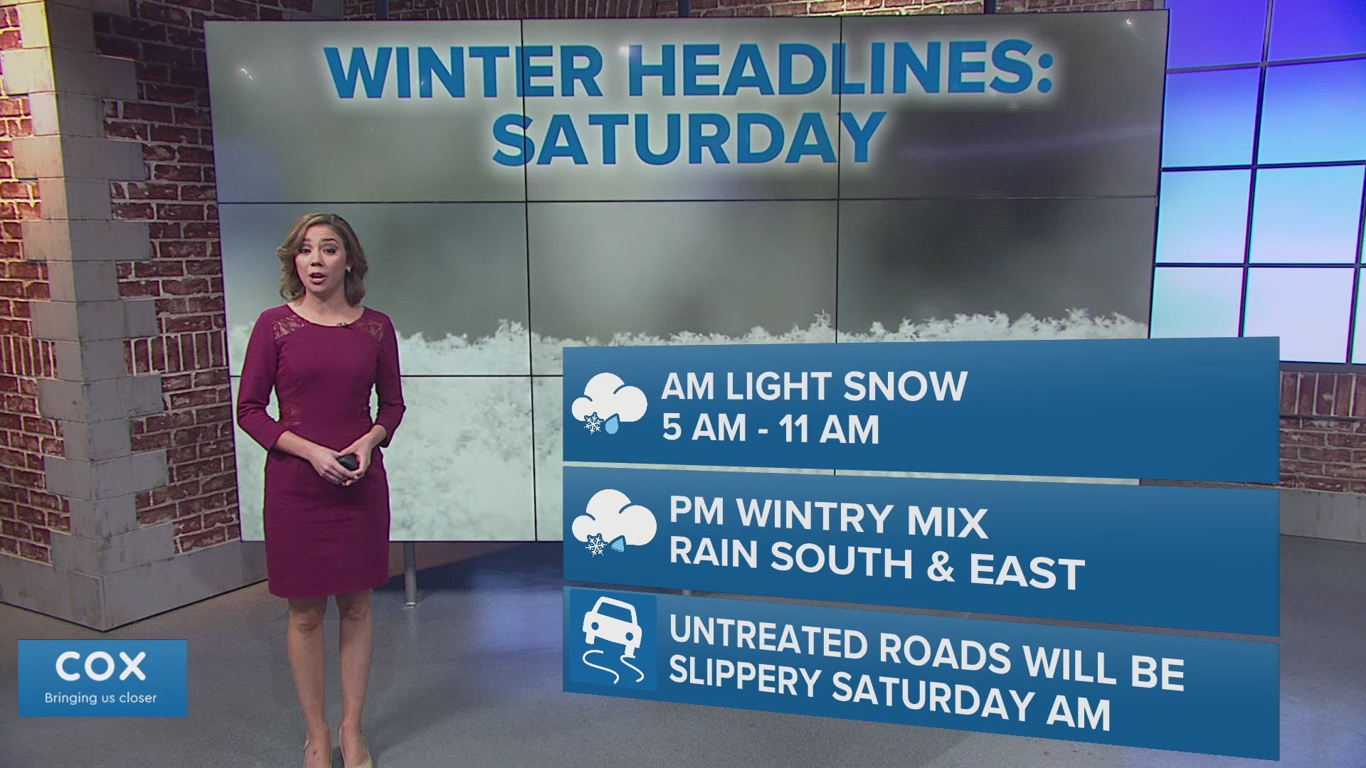 A snow and rain mix with cold temperatures is expected to cause icy and slippery conditions on the road.
