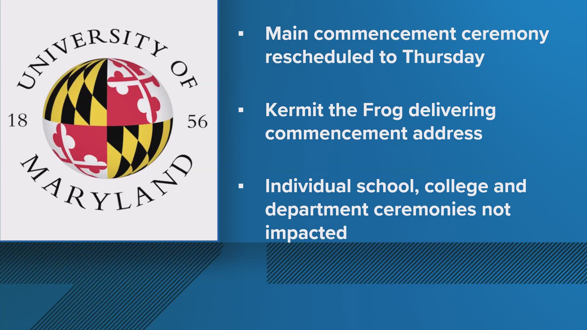 University of Maryland reschedules commencement ceremony to May 22 due to severe weather.