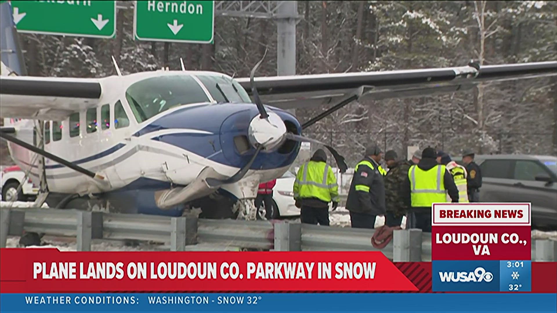 A plane made an emergency landing on the Loudoun County Parkway not far from Dulles International Airport.