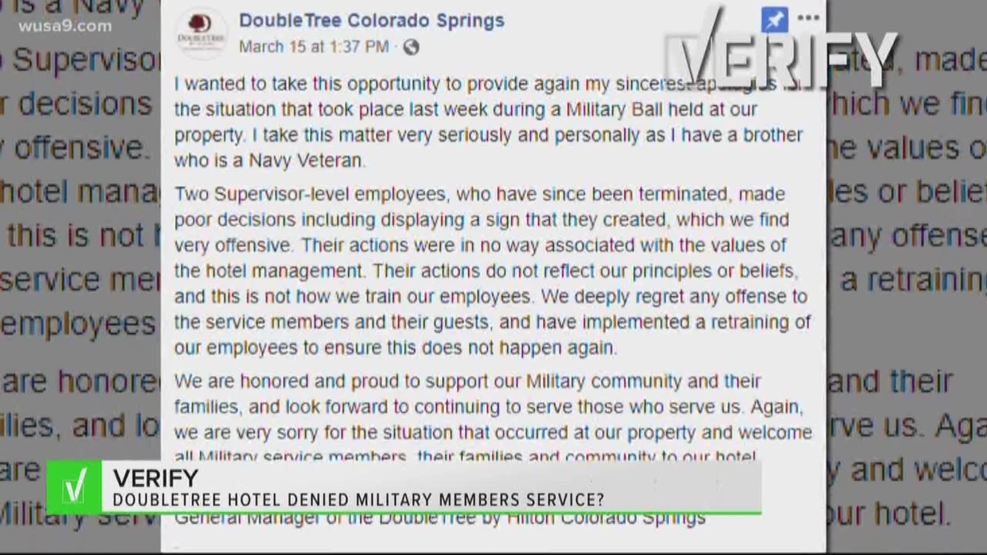 A viral image on social media shows a sign that claims DoubleTree Hotels denied service to military personnel and their guests.